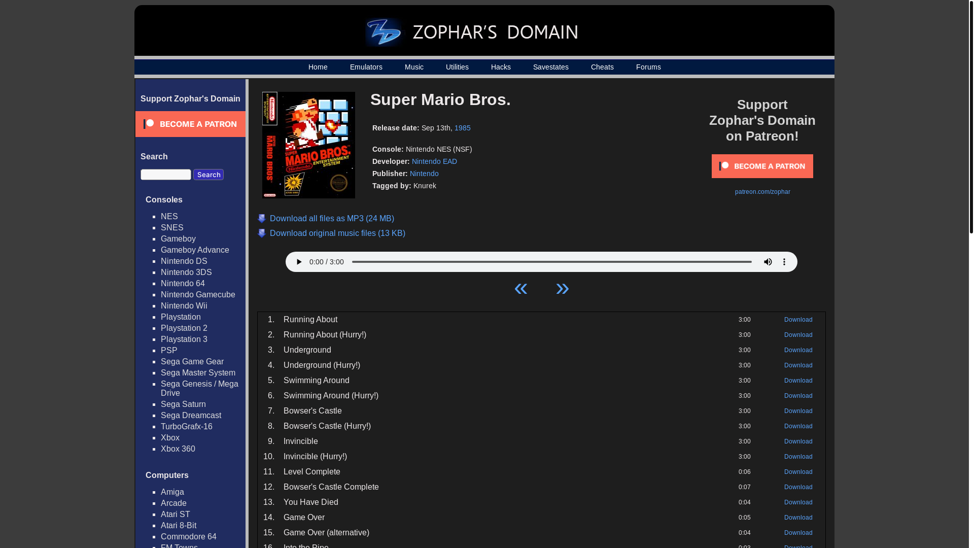 website screenshot of https://www.zophar.net/music/nintendo-nes-nsf/super-mario-bros