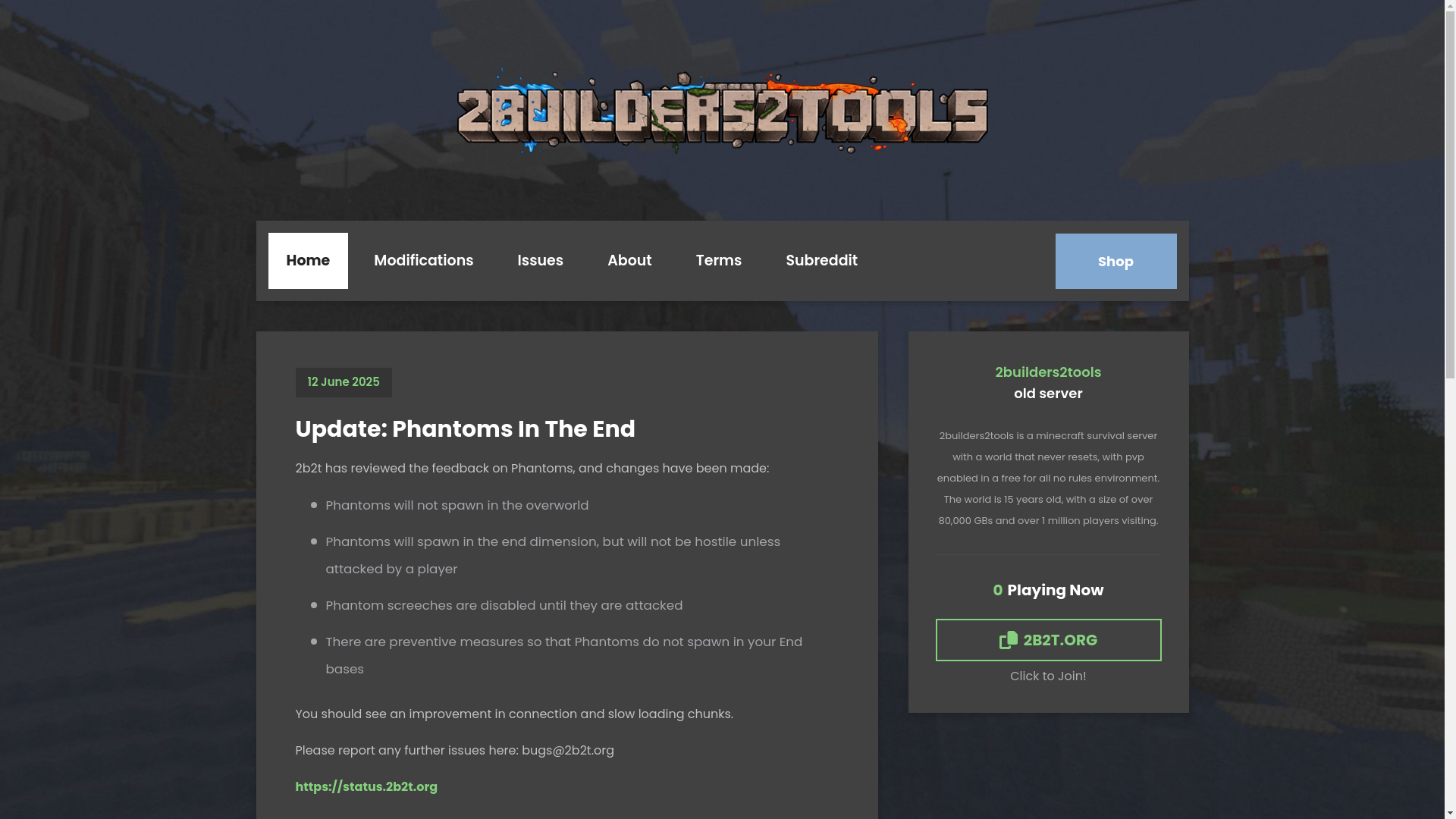 website screenshot of https://2b2t.org/