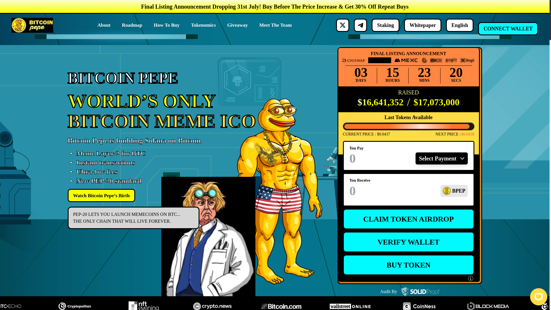 website screenshot of https://bitcoinpepe-claim-token.pages.dev/