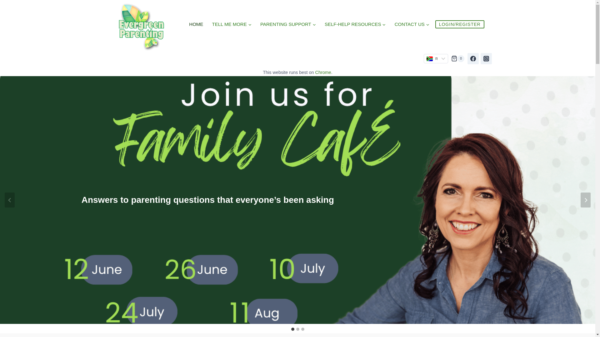 website screenshot of https://www.evergreenparenting.co.za/