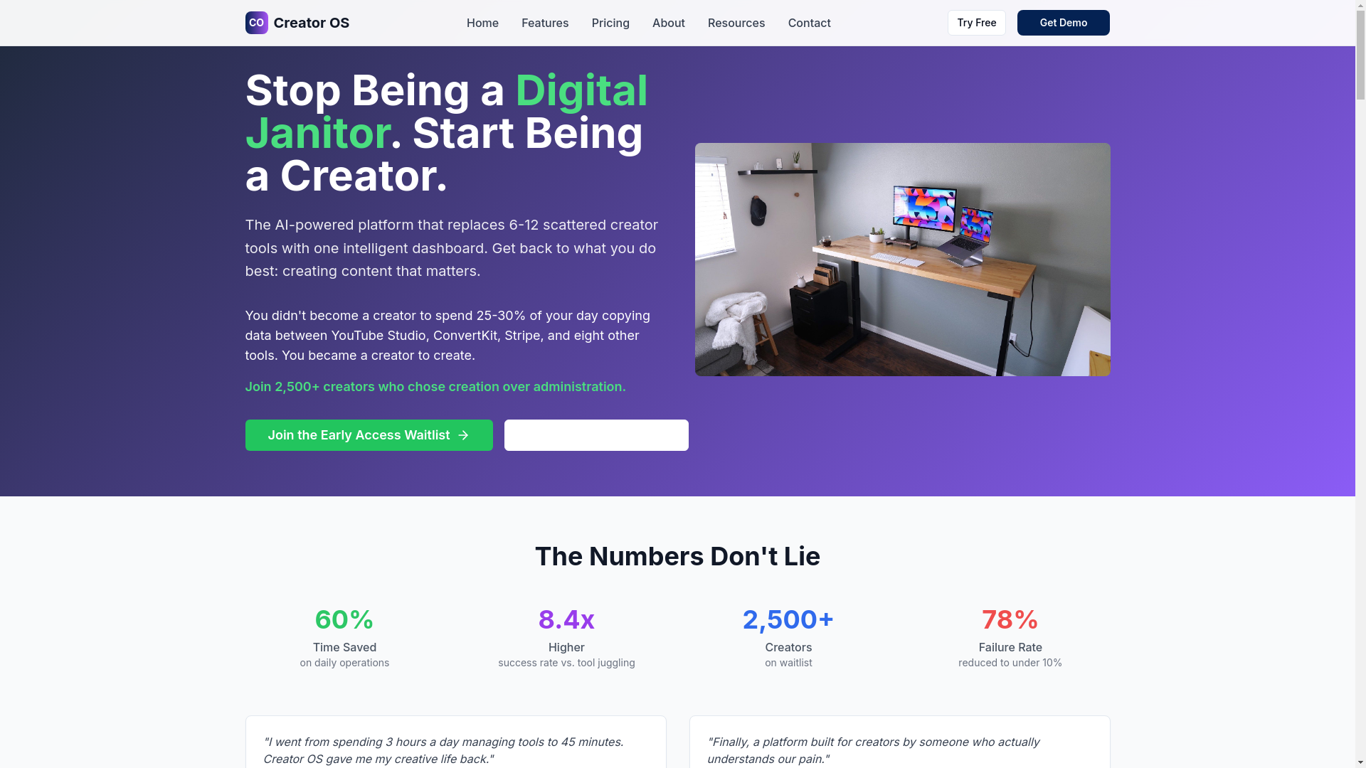 website screenshot of https://getcreatoros.com/