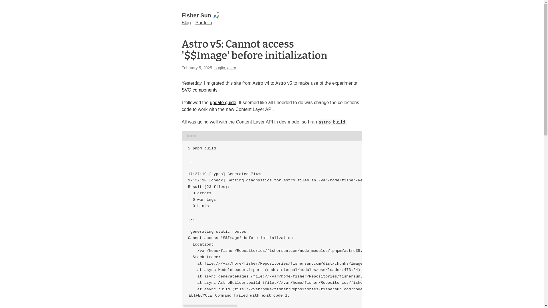 website screenshot of https://www.fishersun.com/blog/astro-v5-cannot-access-image-before-initialization/