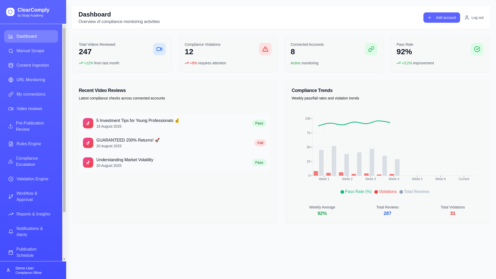 website screenshot of https://clearcomplydemo.com/