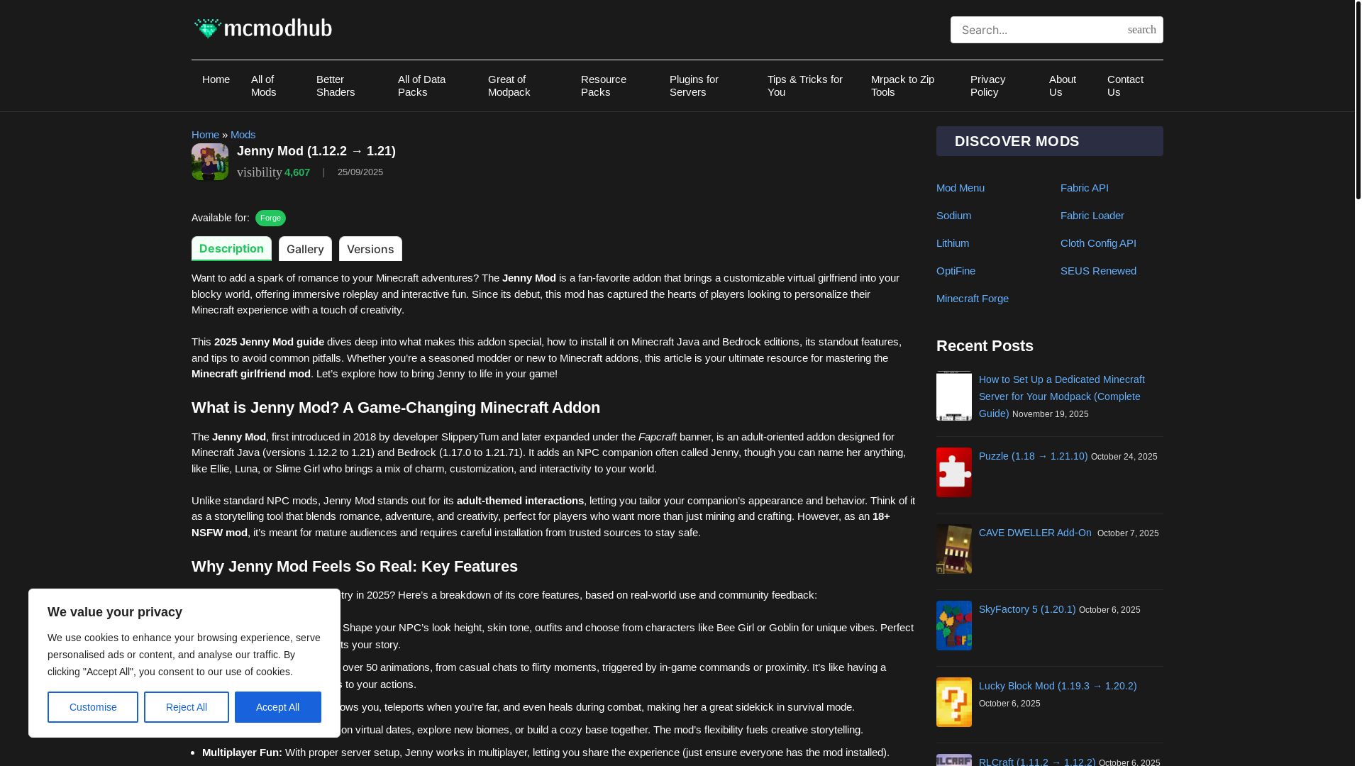 website screenshot of https://mcmodhub.com/jenny-mod/