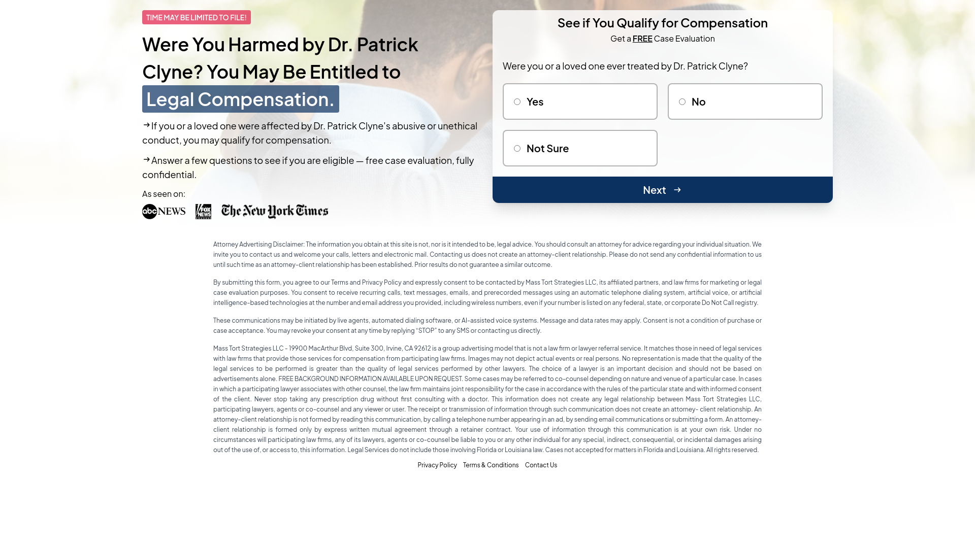 website screenshot of https://patrickclyneclaims.com/