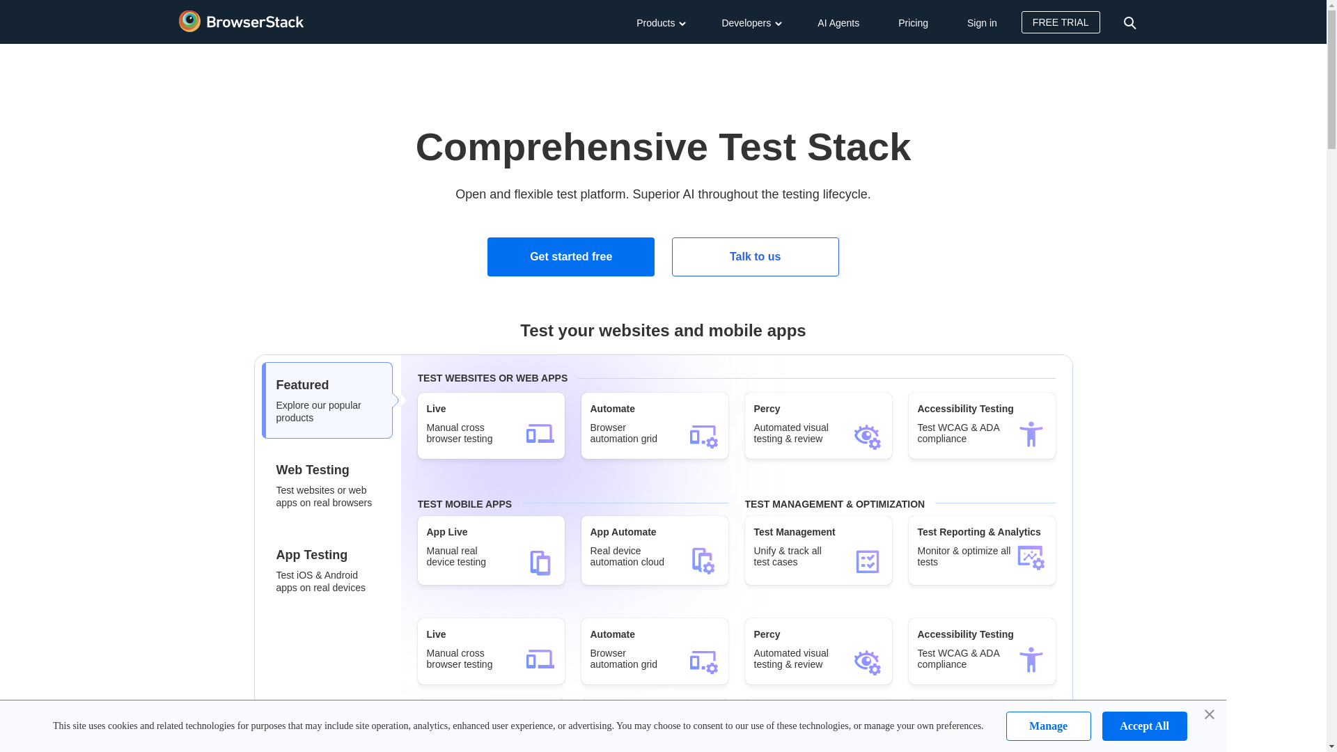 website screenshot of https://browserstack.com/