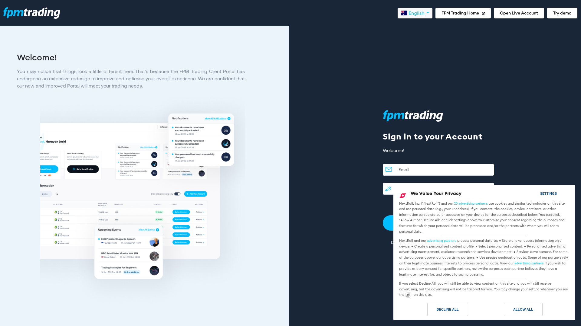 website screenshot of https://portal.fpmtrading.com