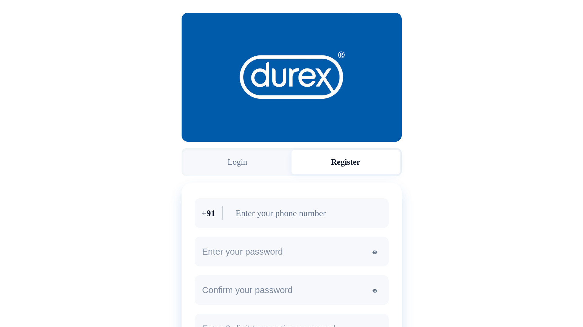 website screenshot of https://www.durexme9188.com/index/register/2J31RO