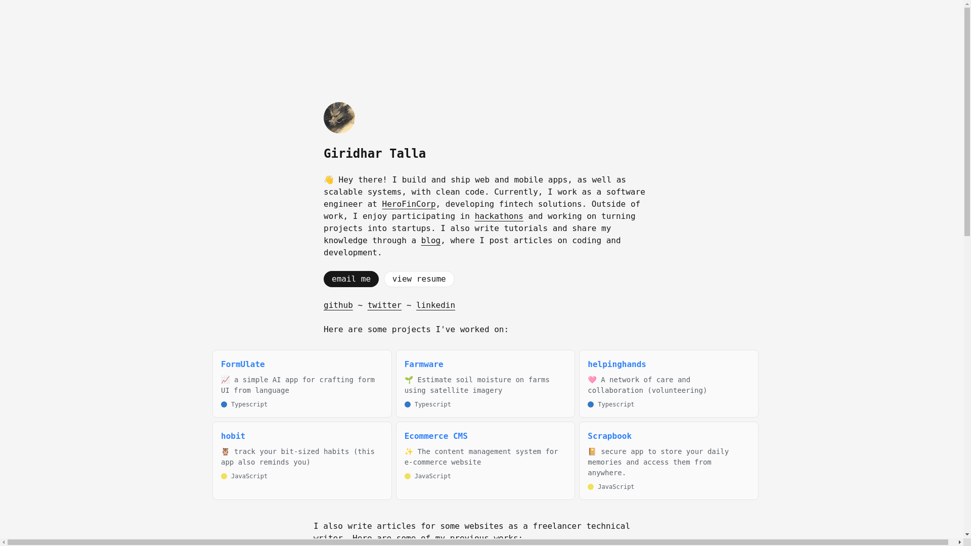 website screenshot of https://giridhar.pages.dev/