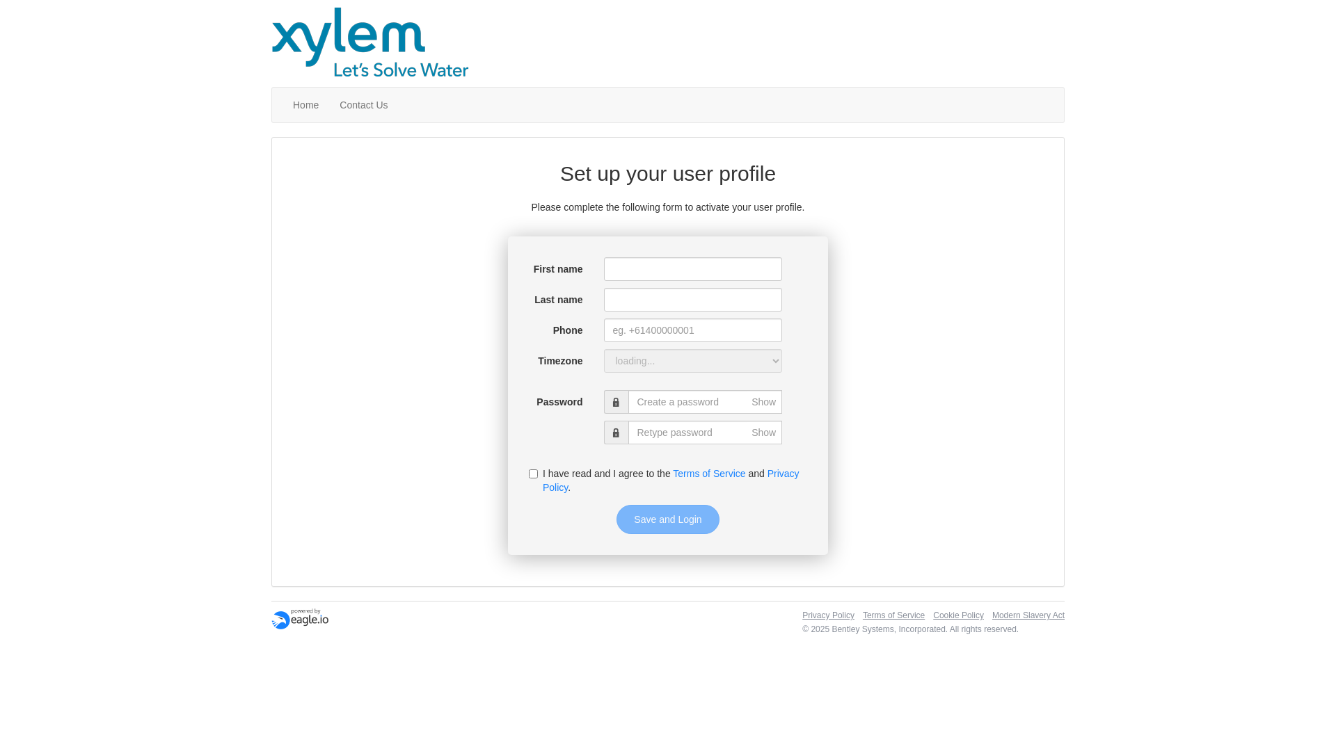 website screenshot of https://xylem.eagle.io/auth/setupprofile/4f99ad44-5756-4657-9255-ed756b510706