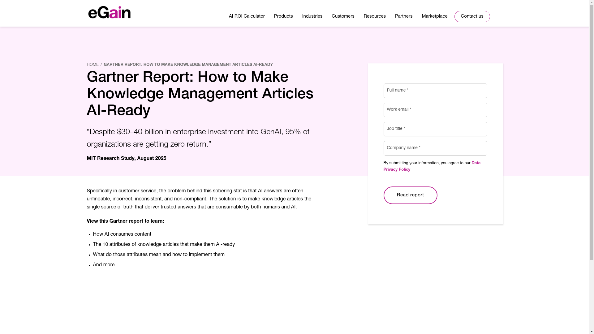 website screenshot of https://www.egain.com/how-to-make-knowledge-management-articles-ai-ready-gartner-report/
