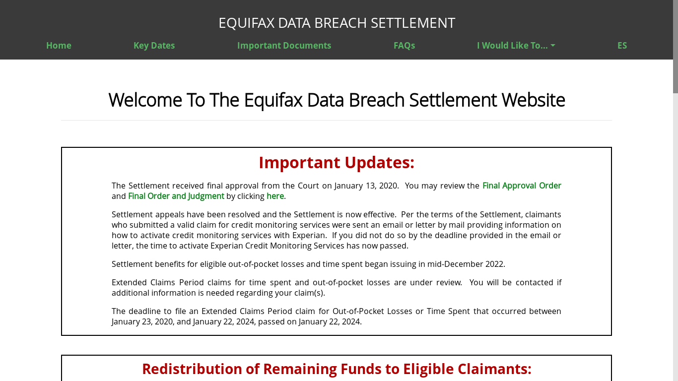 website screenshot of https://www.equifaxbreachsettlement.com/