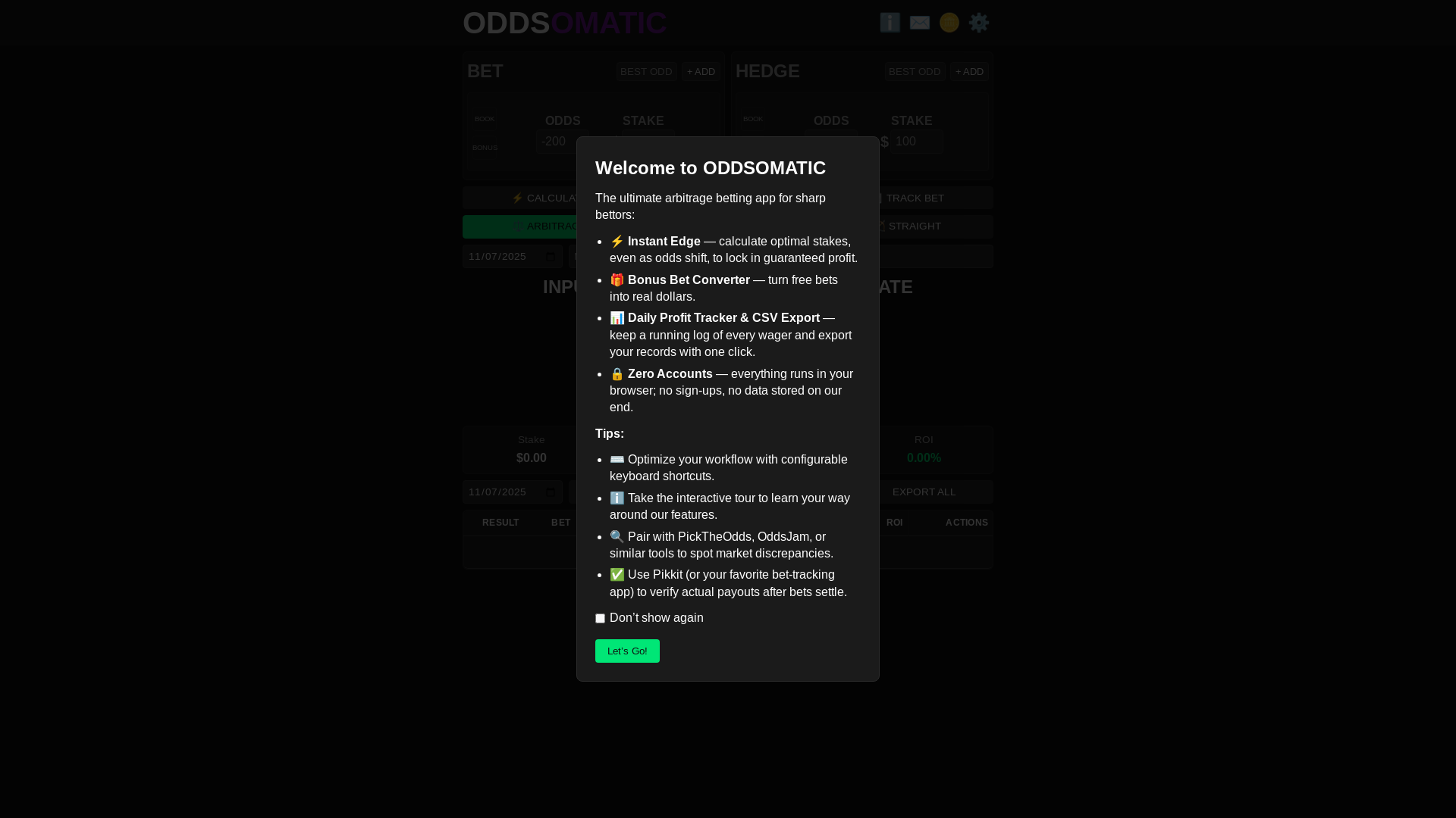 website screenshot of https://oddsomatic.pages.dev/