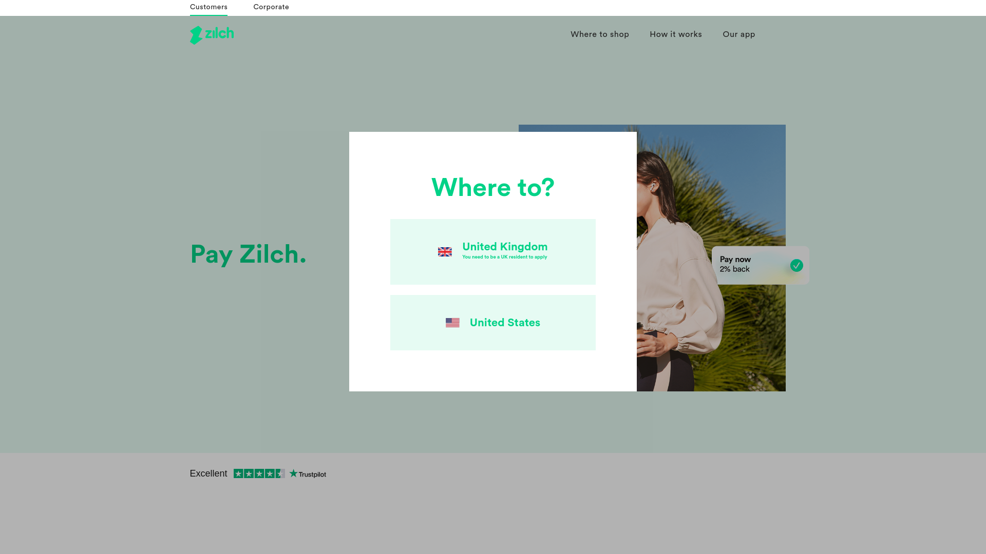 website screenshot of https://zilch.com