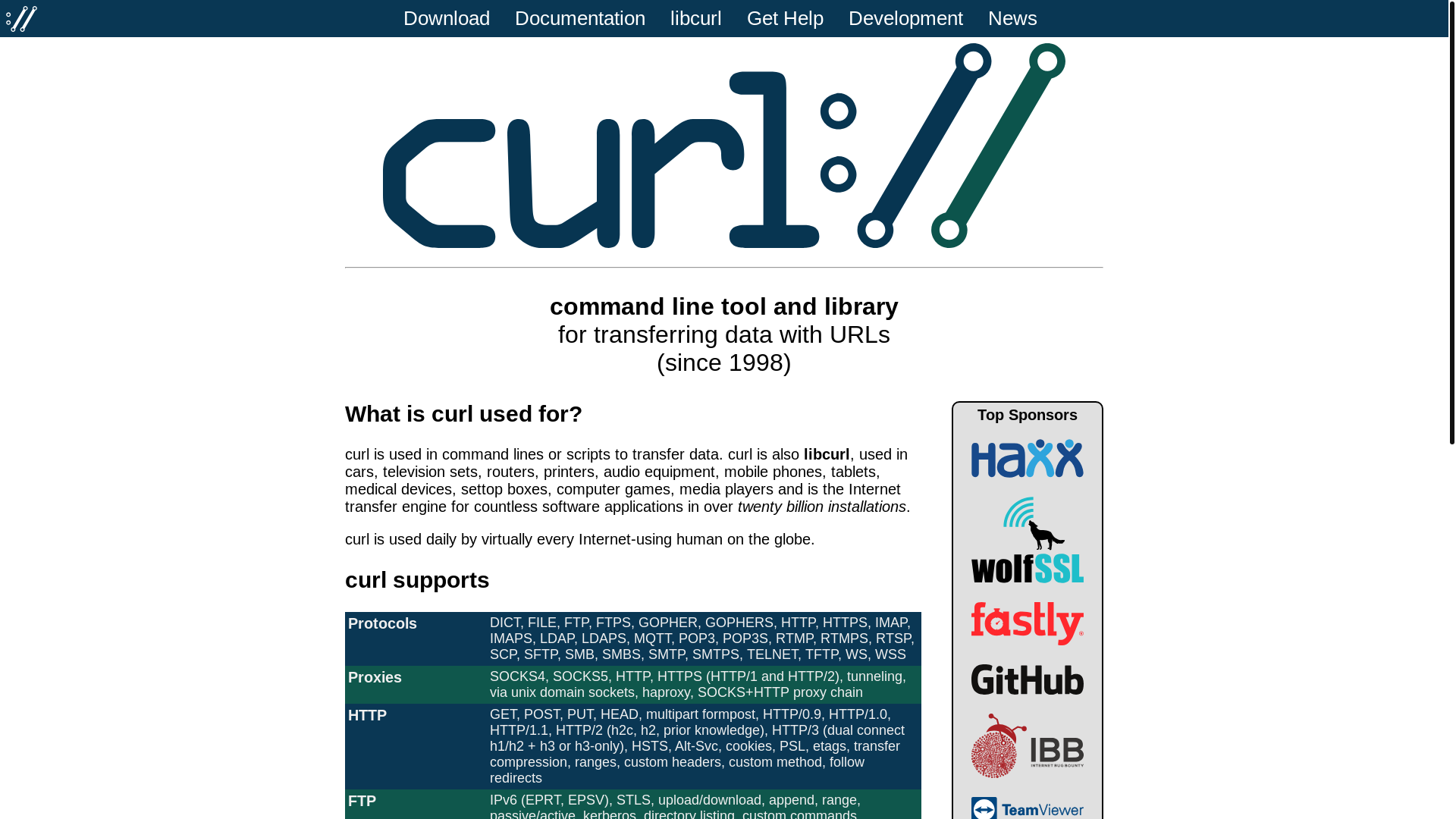 website screenshot of https://curl.se/