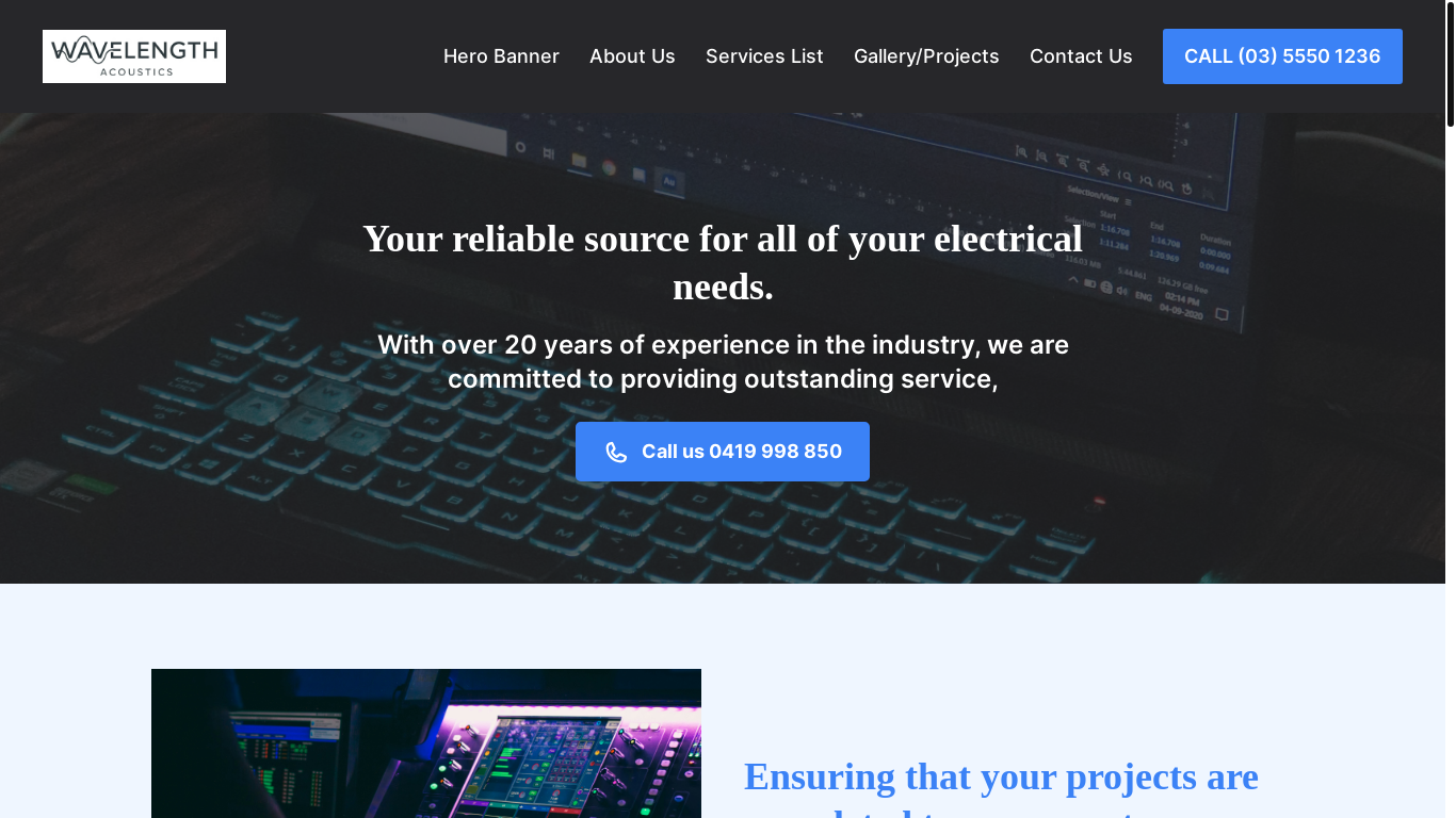 website screenshot of https://wavelengthacoustics.com.au/