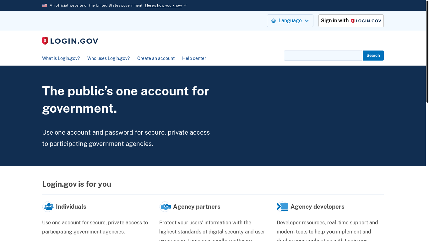 website screenshot of https://www.login.gov/