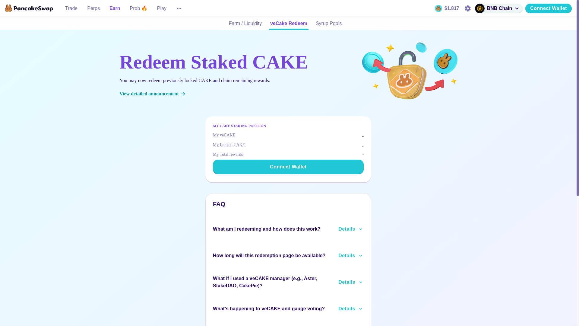 website screenshot of https://web3.pancake.run/cake-staking/redeem