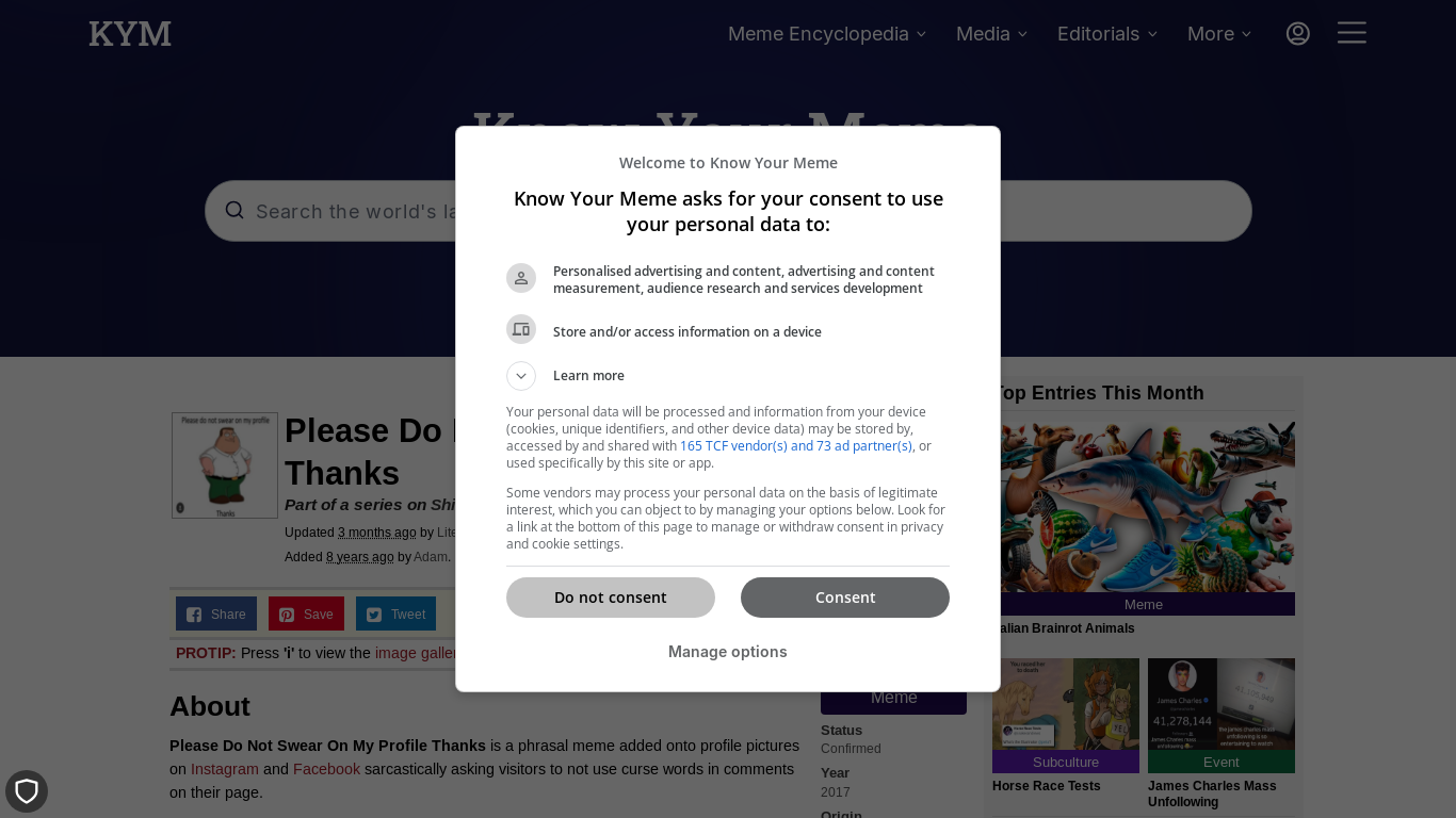 website screenshot of https://knowyourmeme.com/memes/please-do-not-swear-on-my-profile-thanks