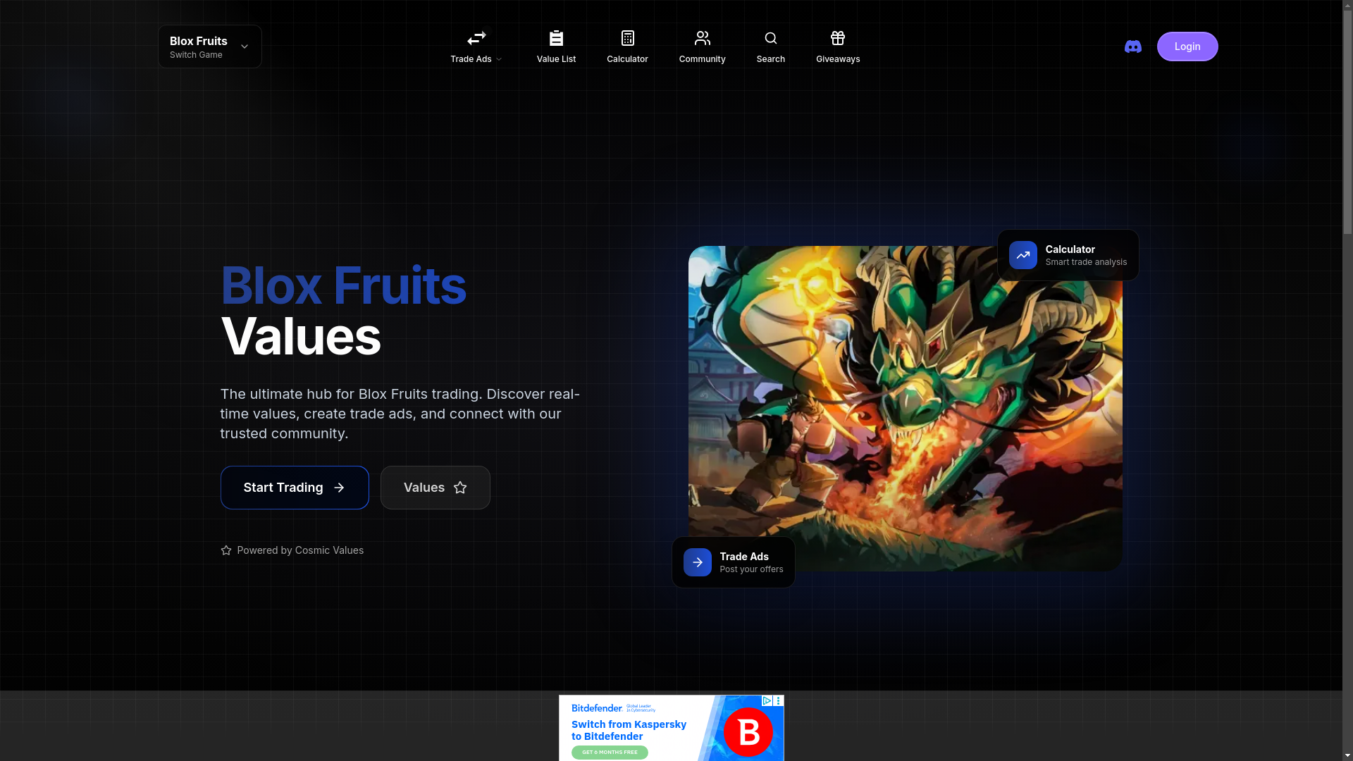 website screenshot of https://bloxfruitsvalues.com/