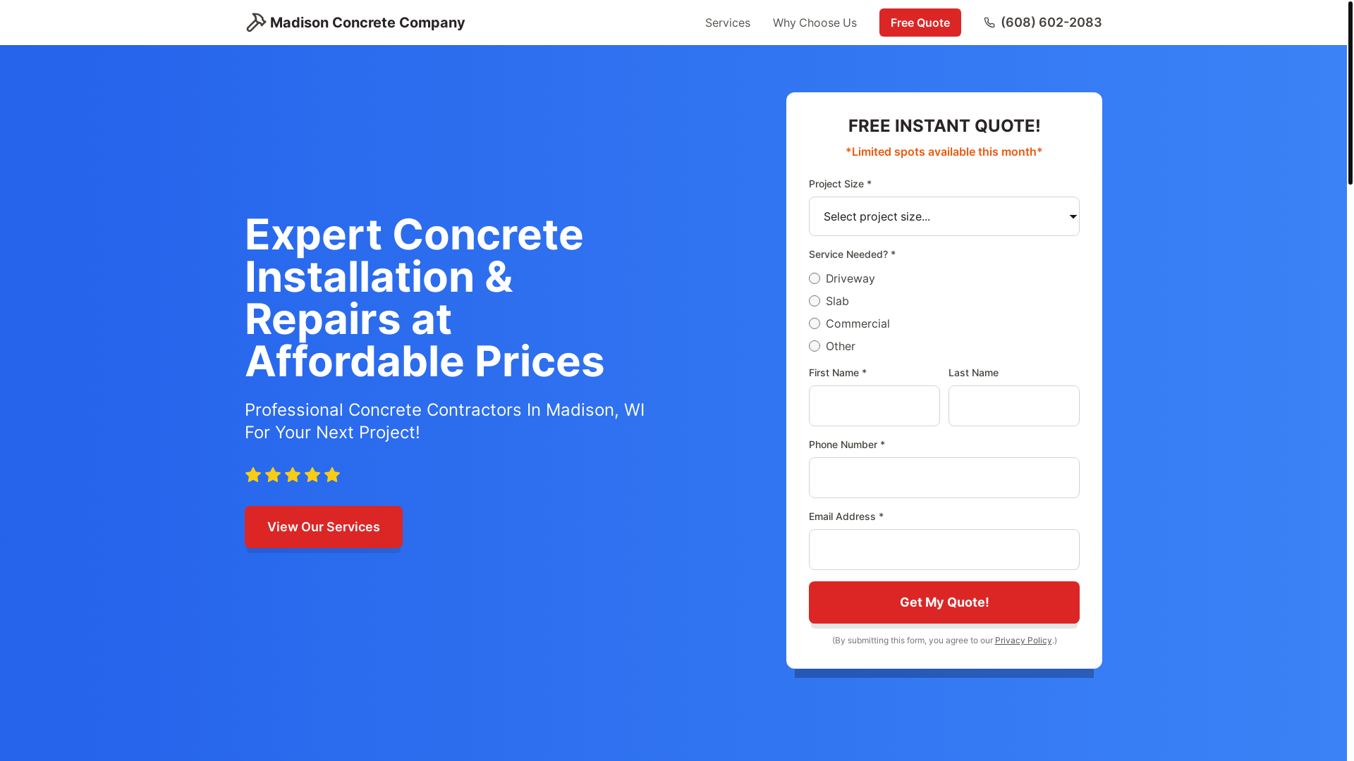 website screenshot of https://madisonconcretecompany.com/