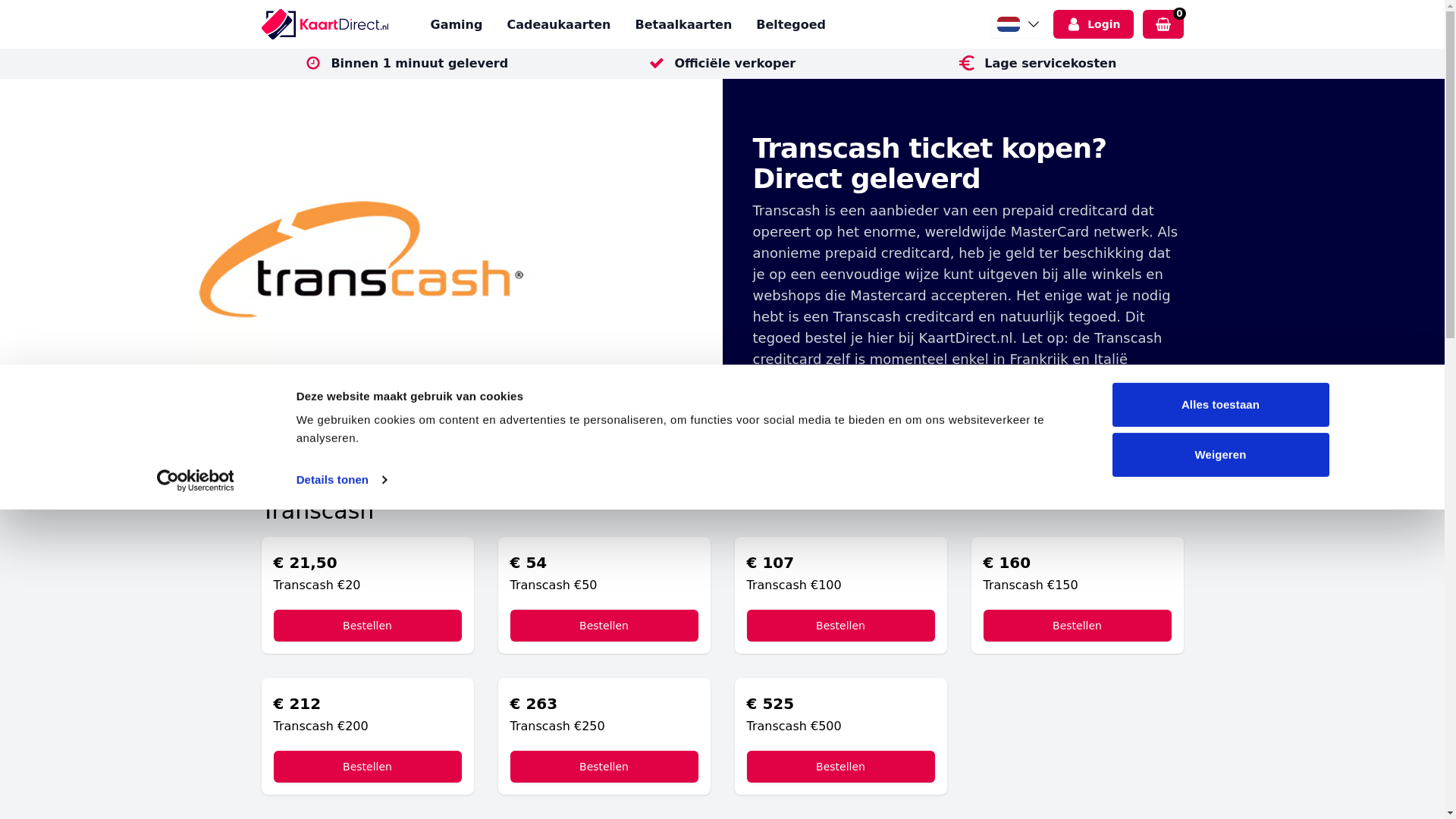 website screenshot of https://kaartdirect.nl/betaalkaarten/transcash