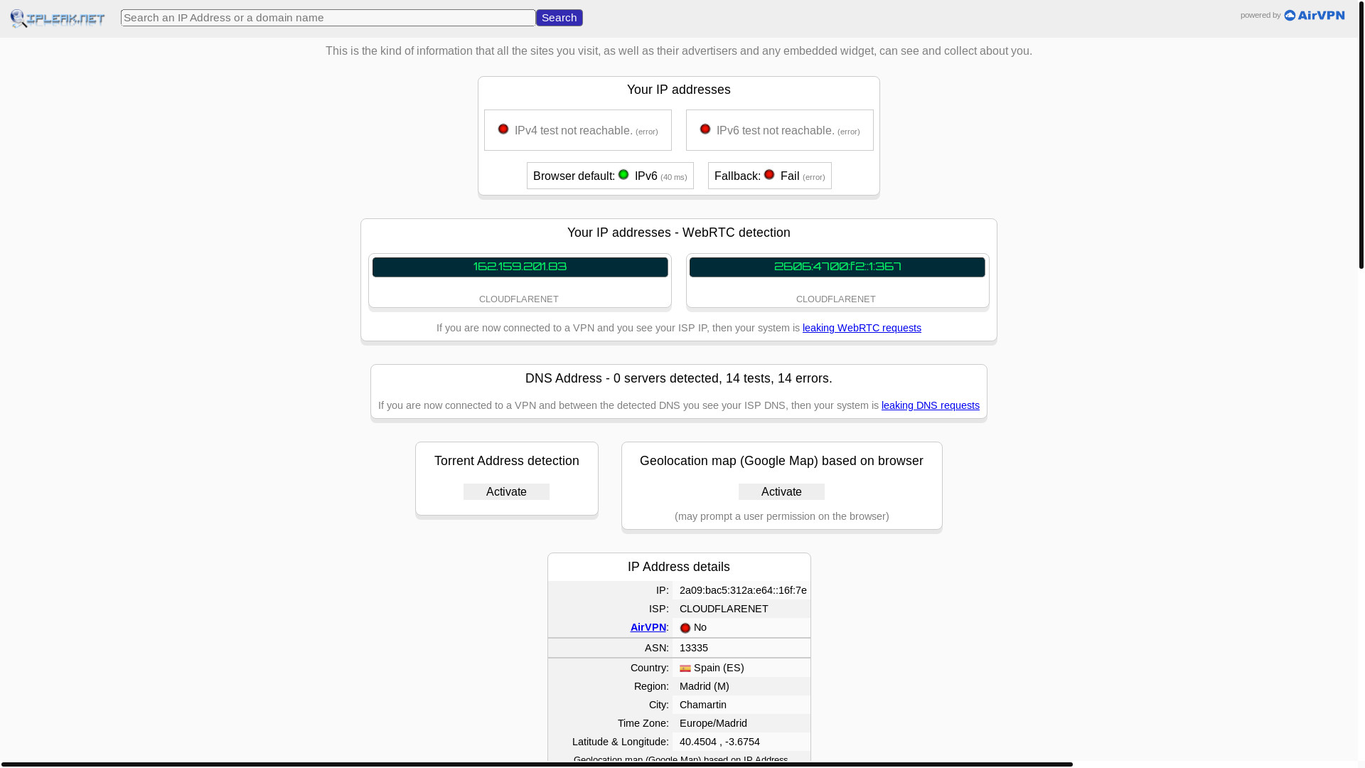 website screenshot of https://ipleak.net/