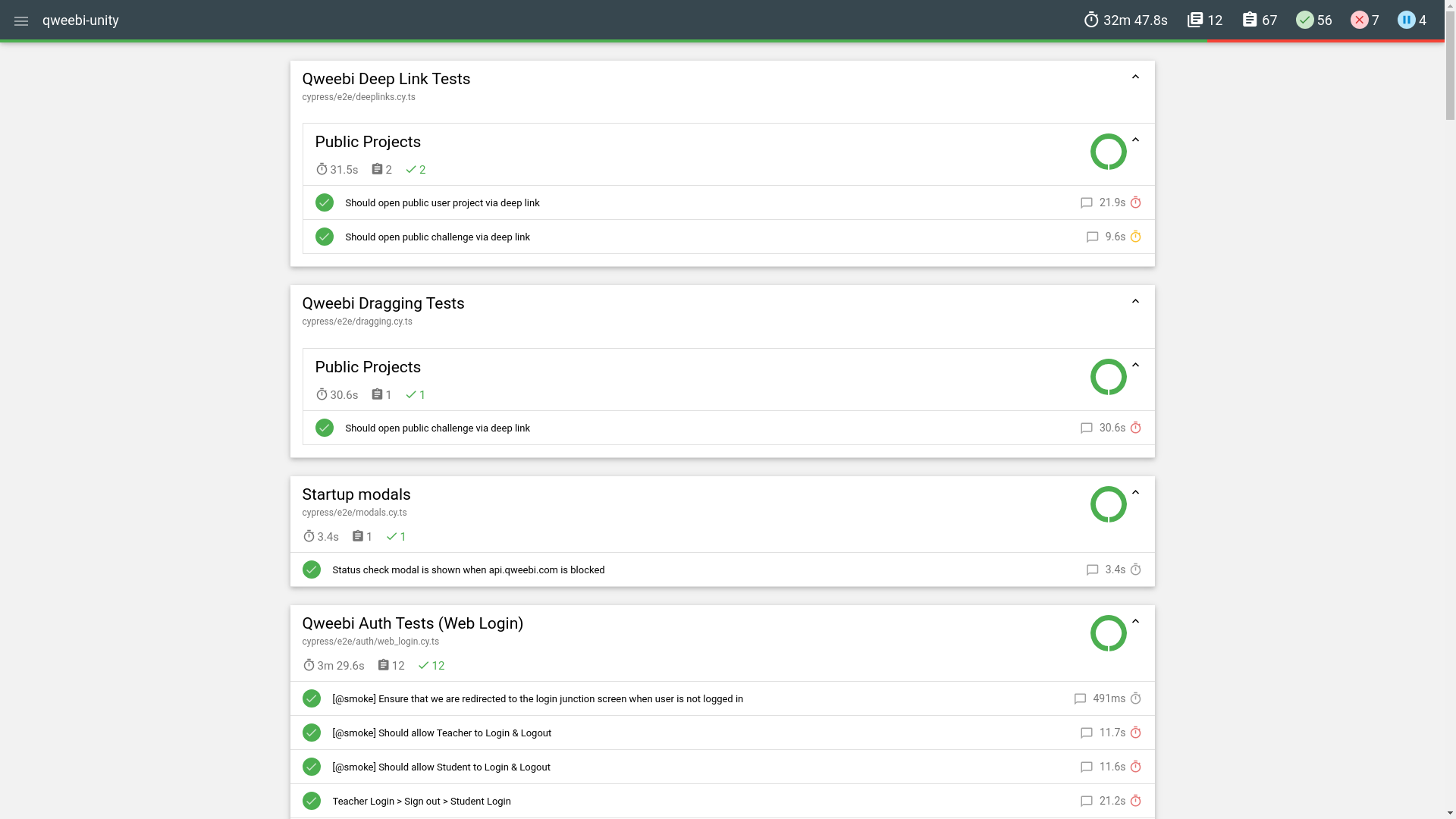 website screenshot of https://qweebi-unity-cypress-test-reports.pages.dev/