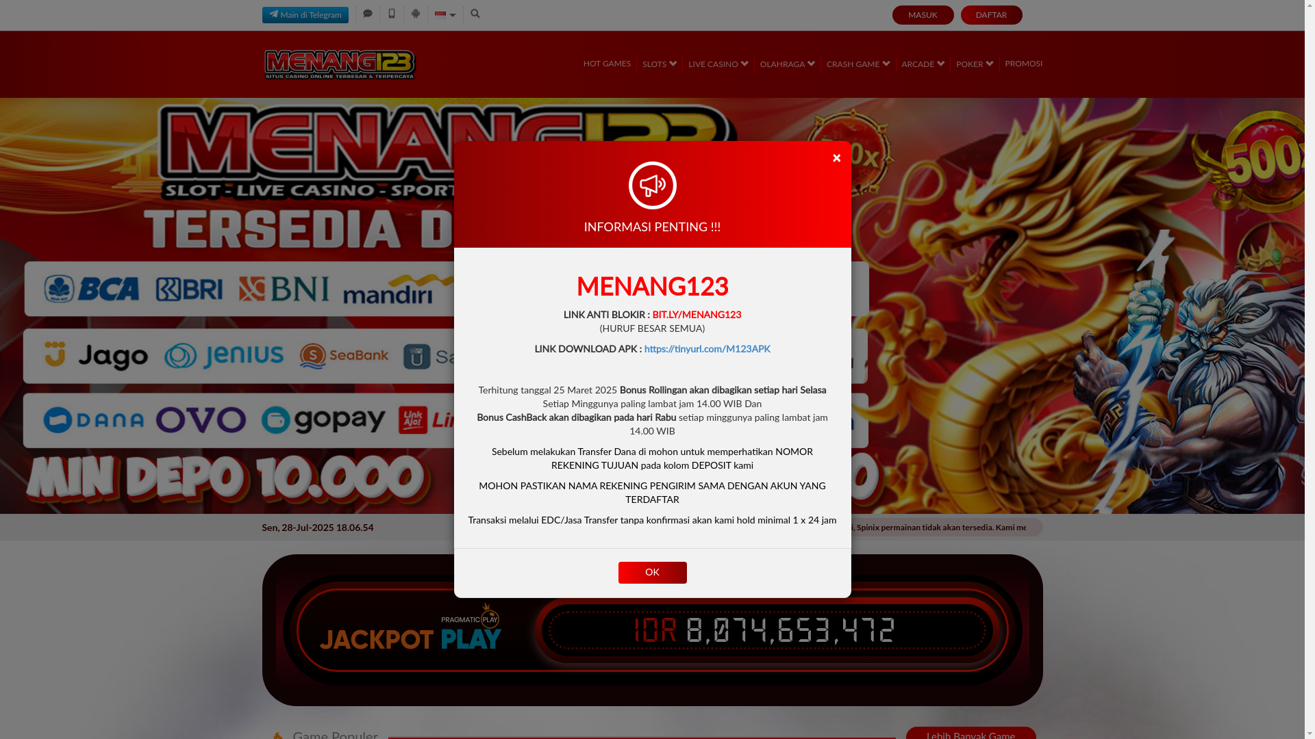 website screenshot of https://menang123long.com/