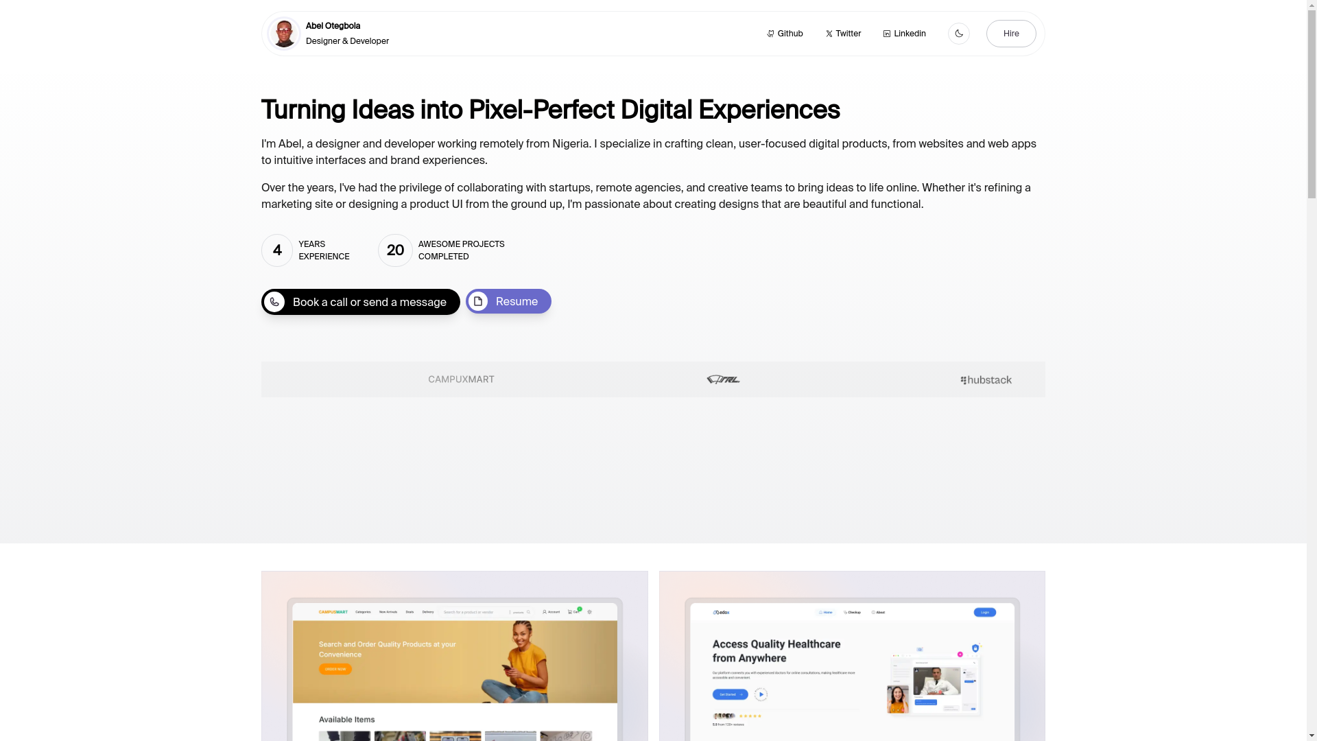 website screenshot of https://codewithabel.dev/