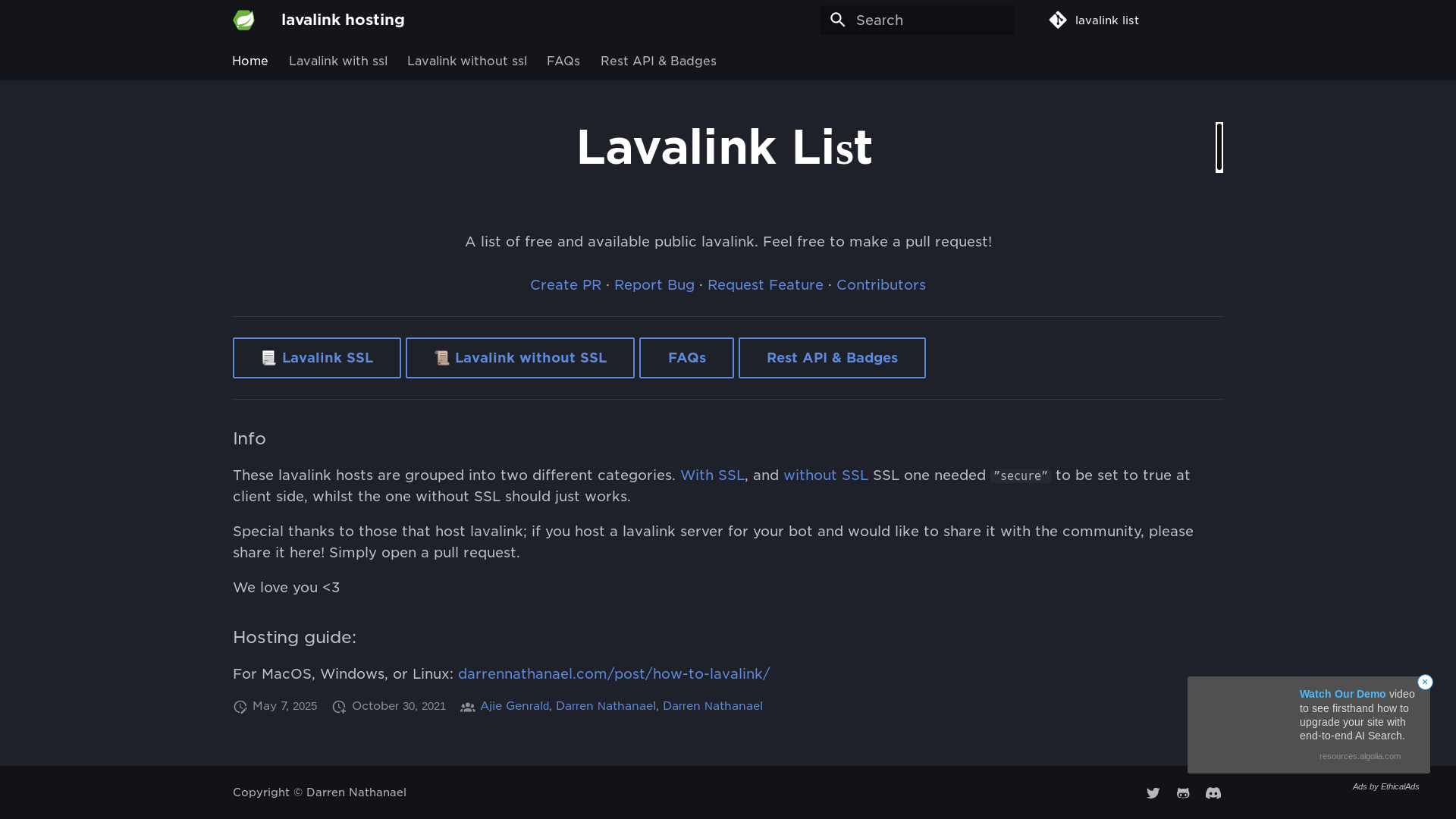 website screenshot of https://lavalink-list.pages.dev/