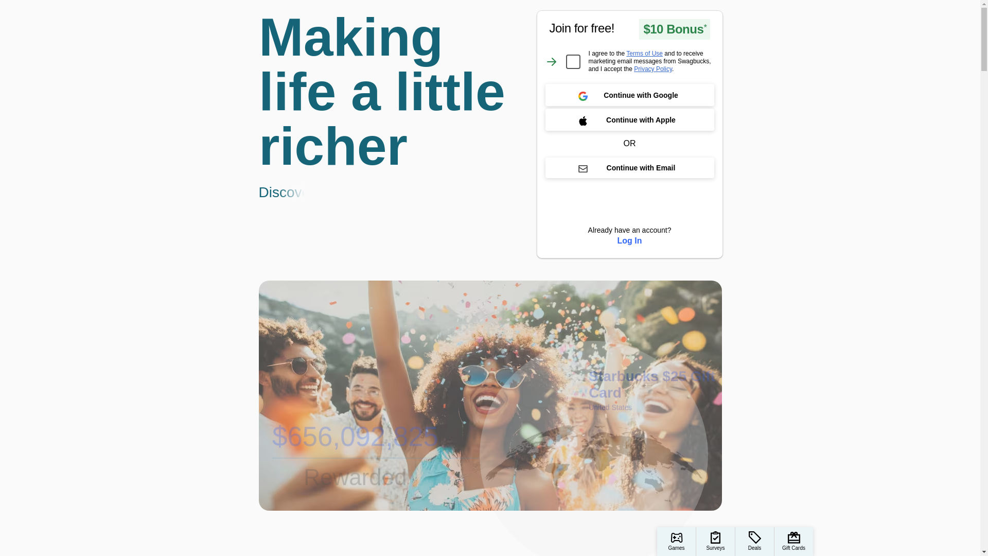 website screenshot of https://www.swagbucks.com/onboarding