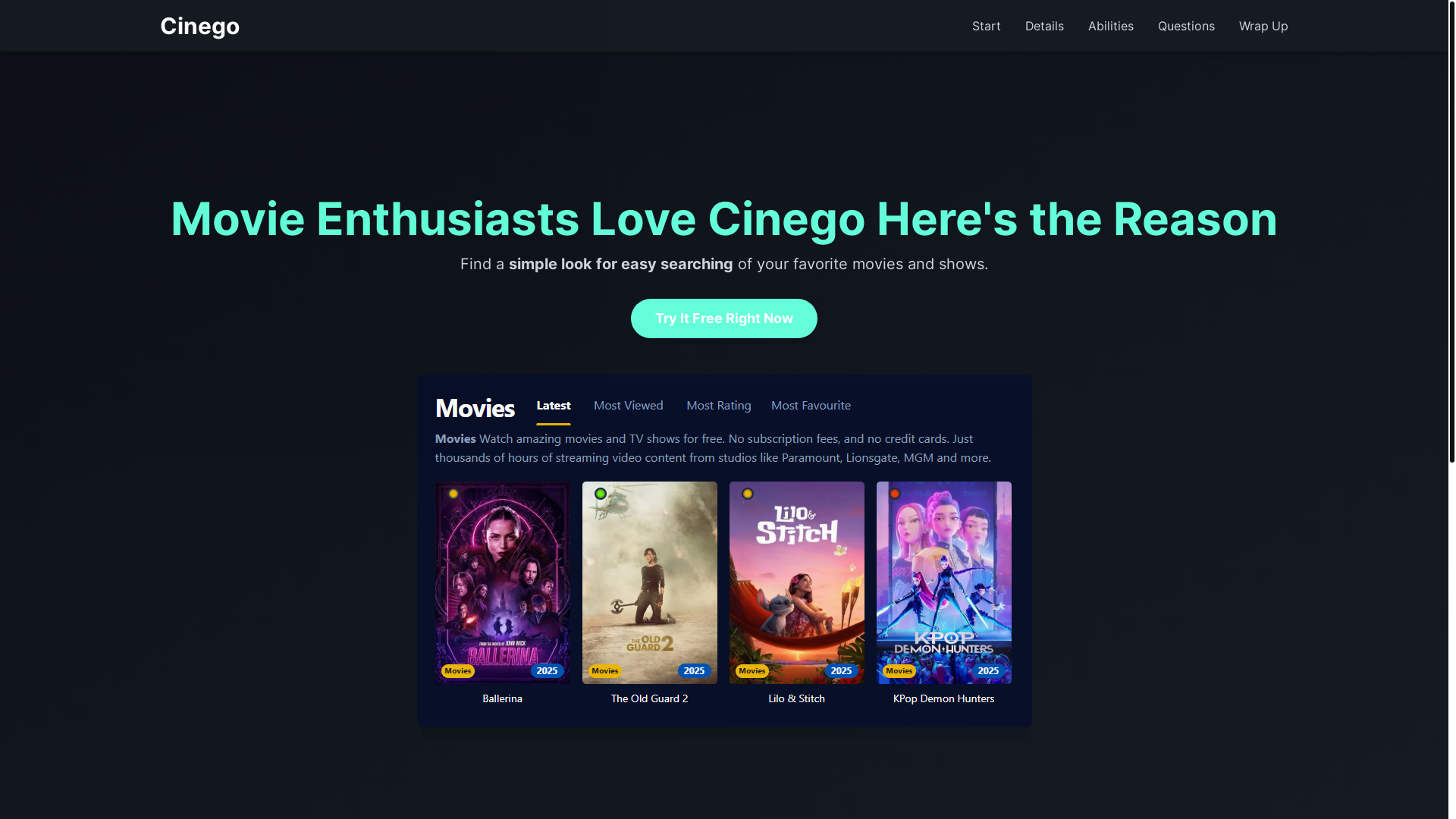 website screenshot of https://cinego-xhs7.pages.dev/