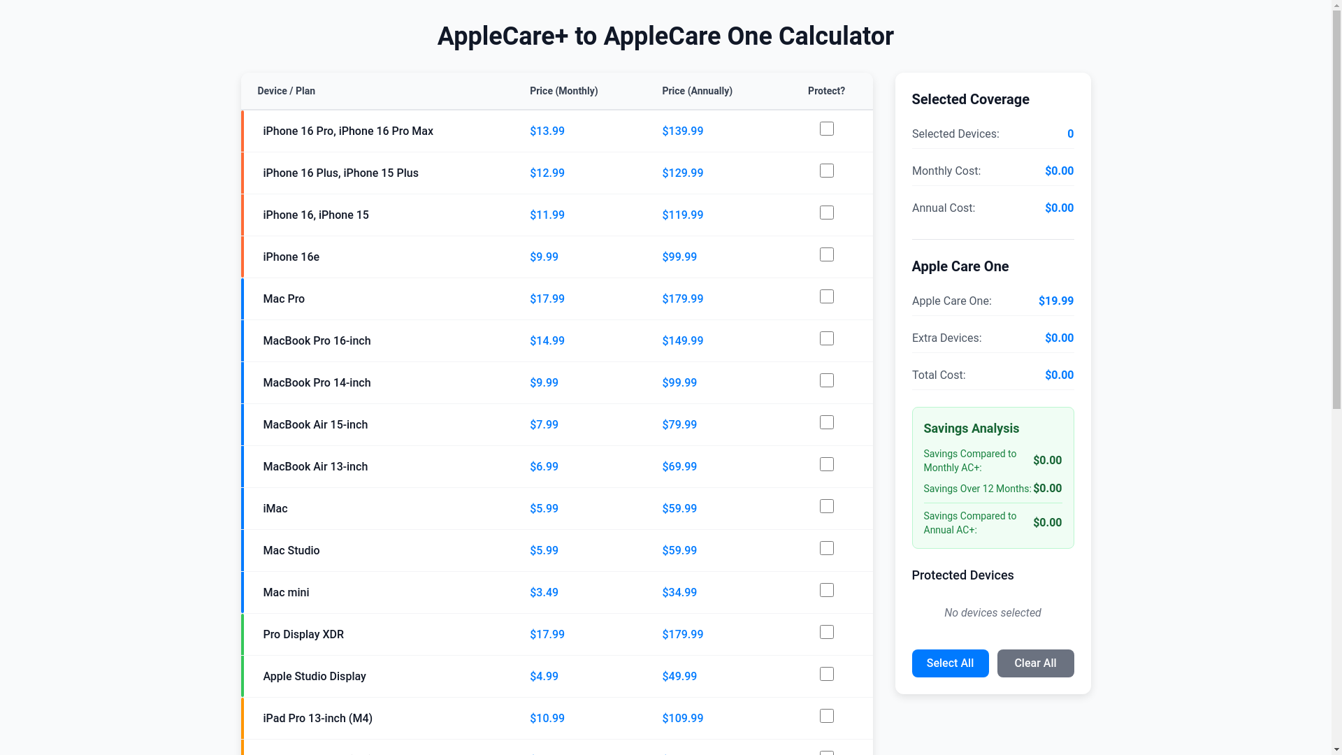 website screenshot of https://applecarecalc.pages.dev/