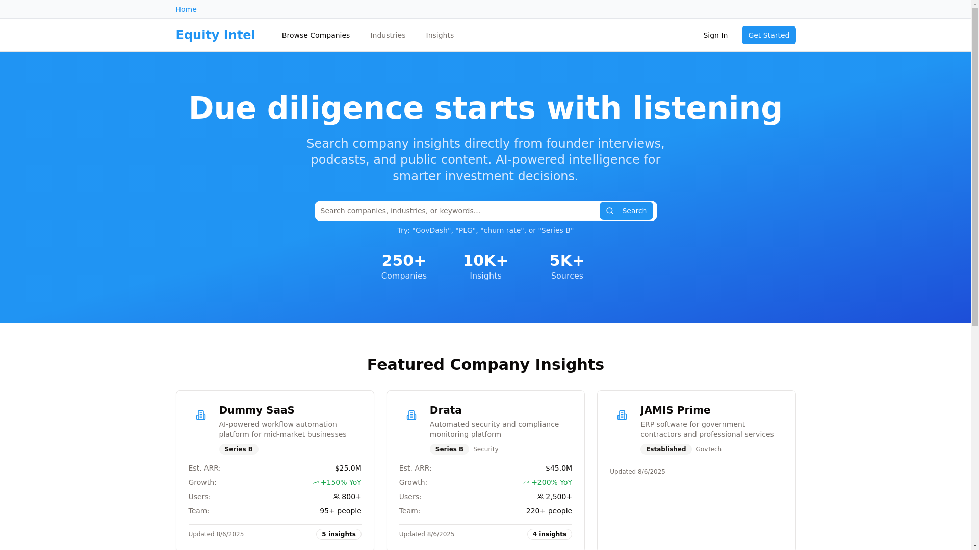 website screenshot of https://equityintel.ai/