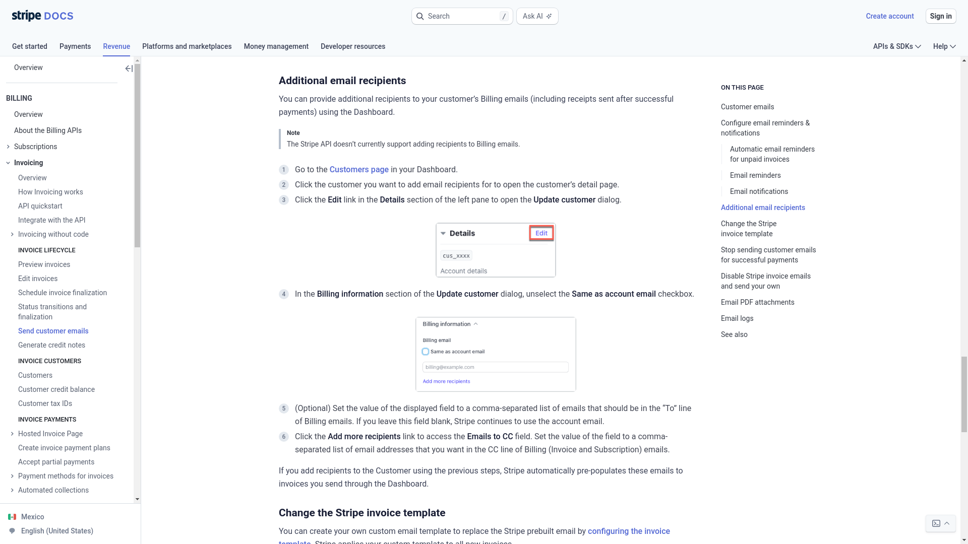 website screenshot of https://docs.stripe.com/invoicing/send-email#additional-email-recipients