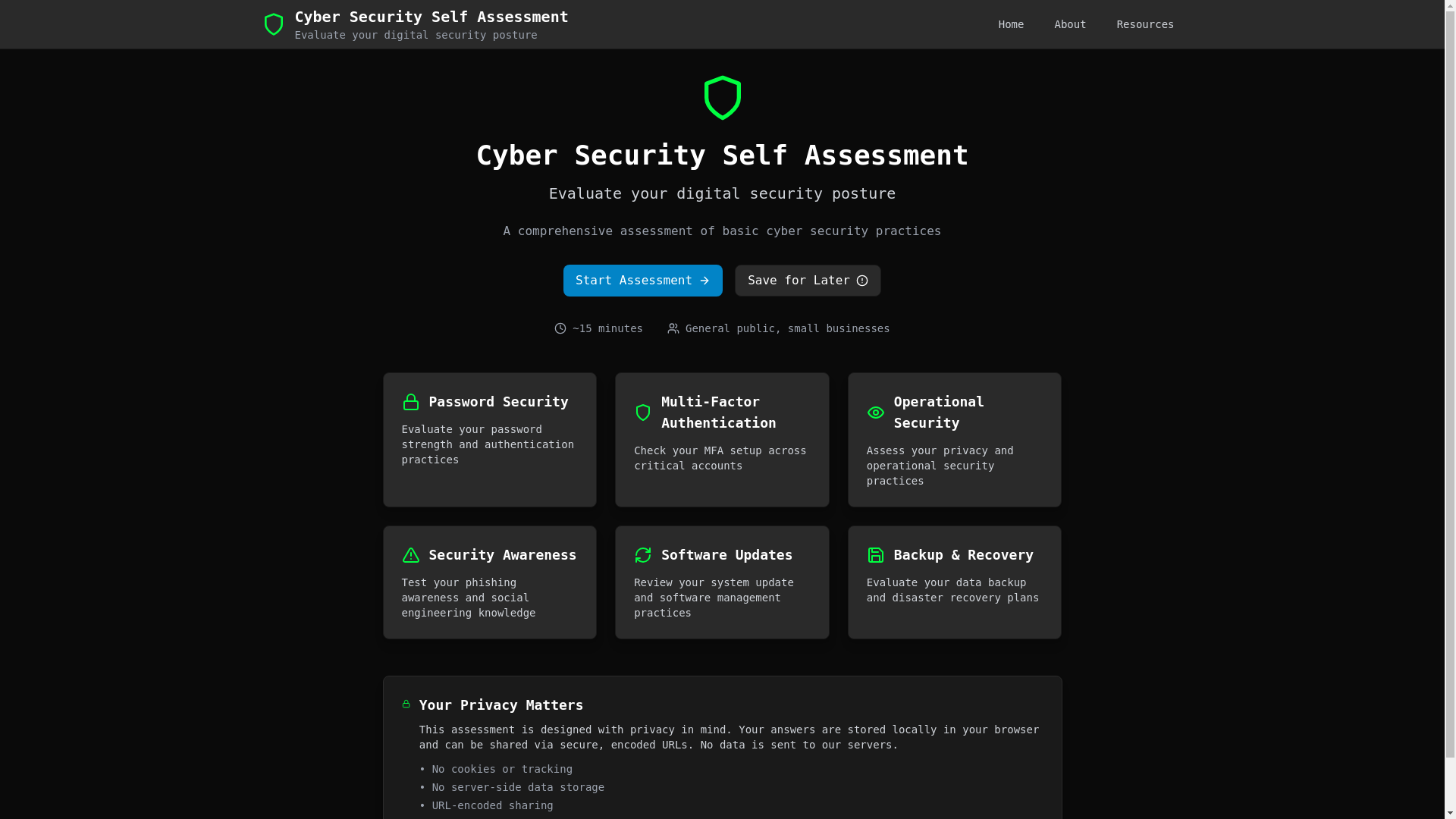 website screenshot of https://cyber-self-assessment.pages.dev/