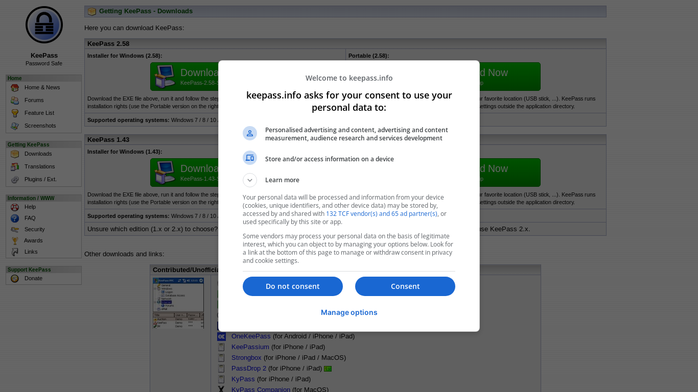 website screenshot of https://keepass.info/download.html