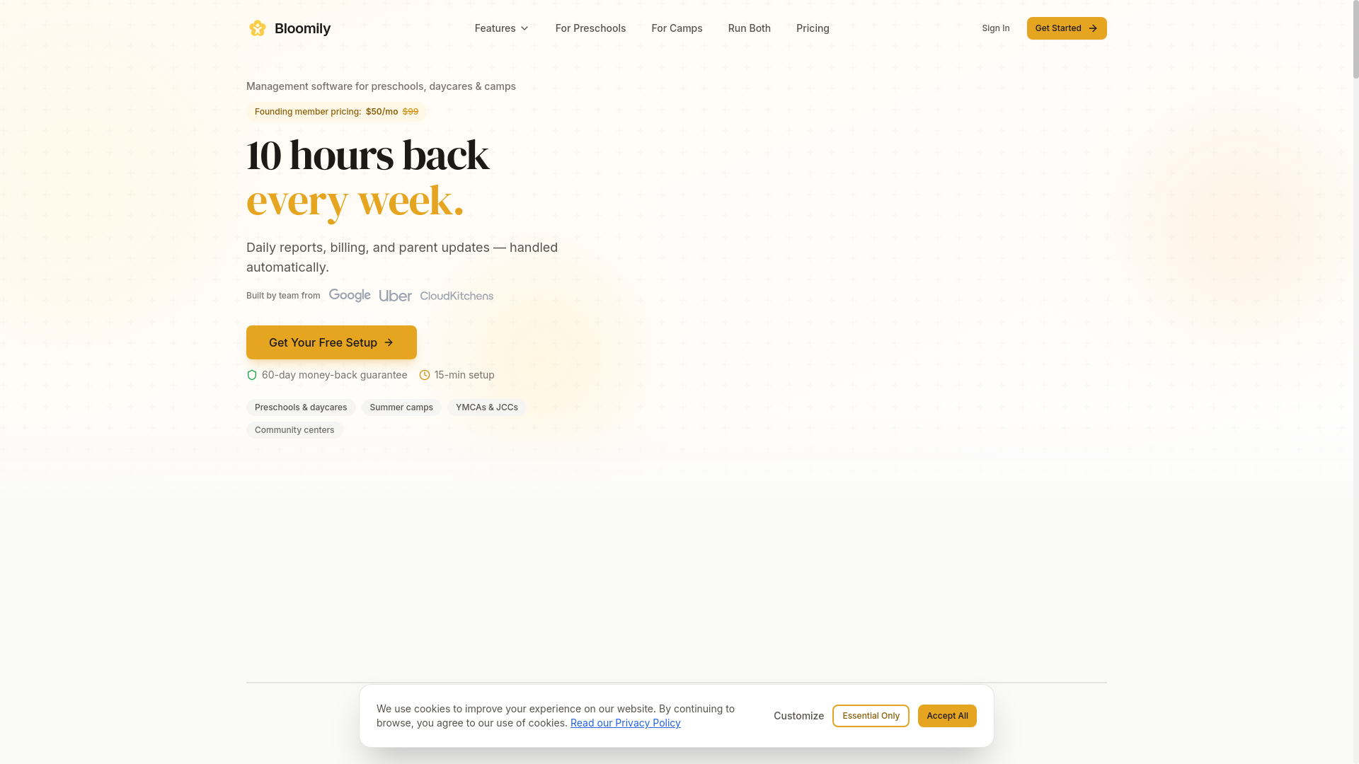 website screenshot of https://bloomily.camp/