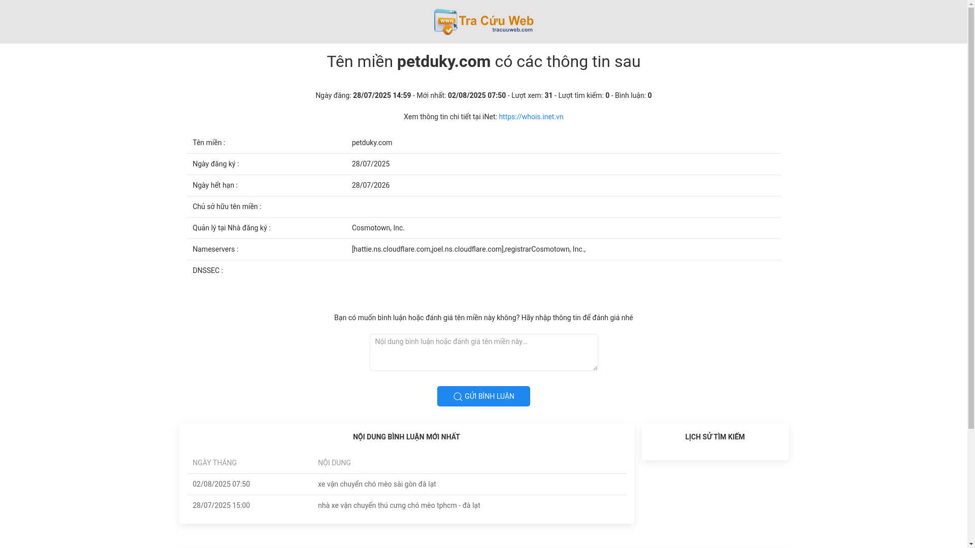 website screenshot of https://tracuuweb.com/petduky.com