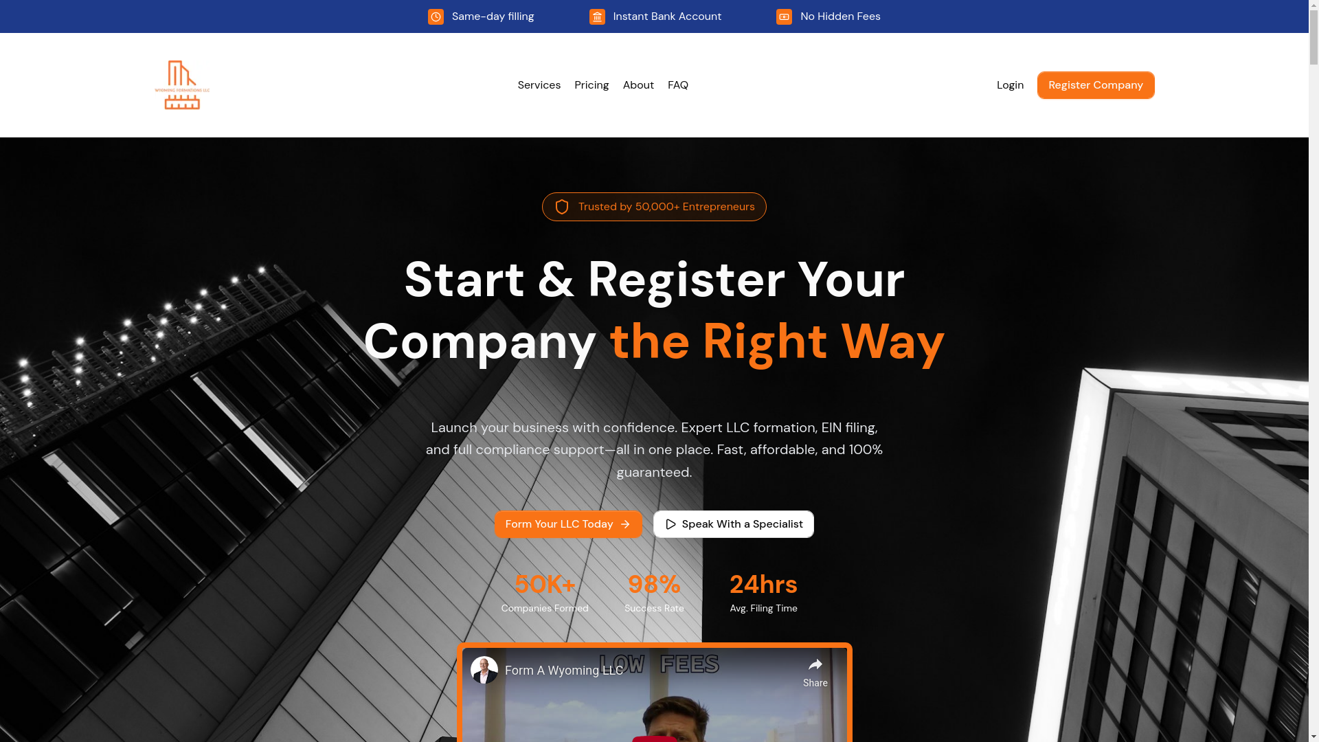 website screenshot of https://wyomingformationsllc.com/
