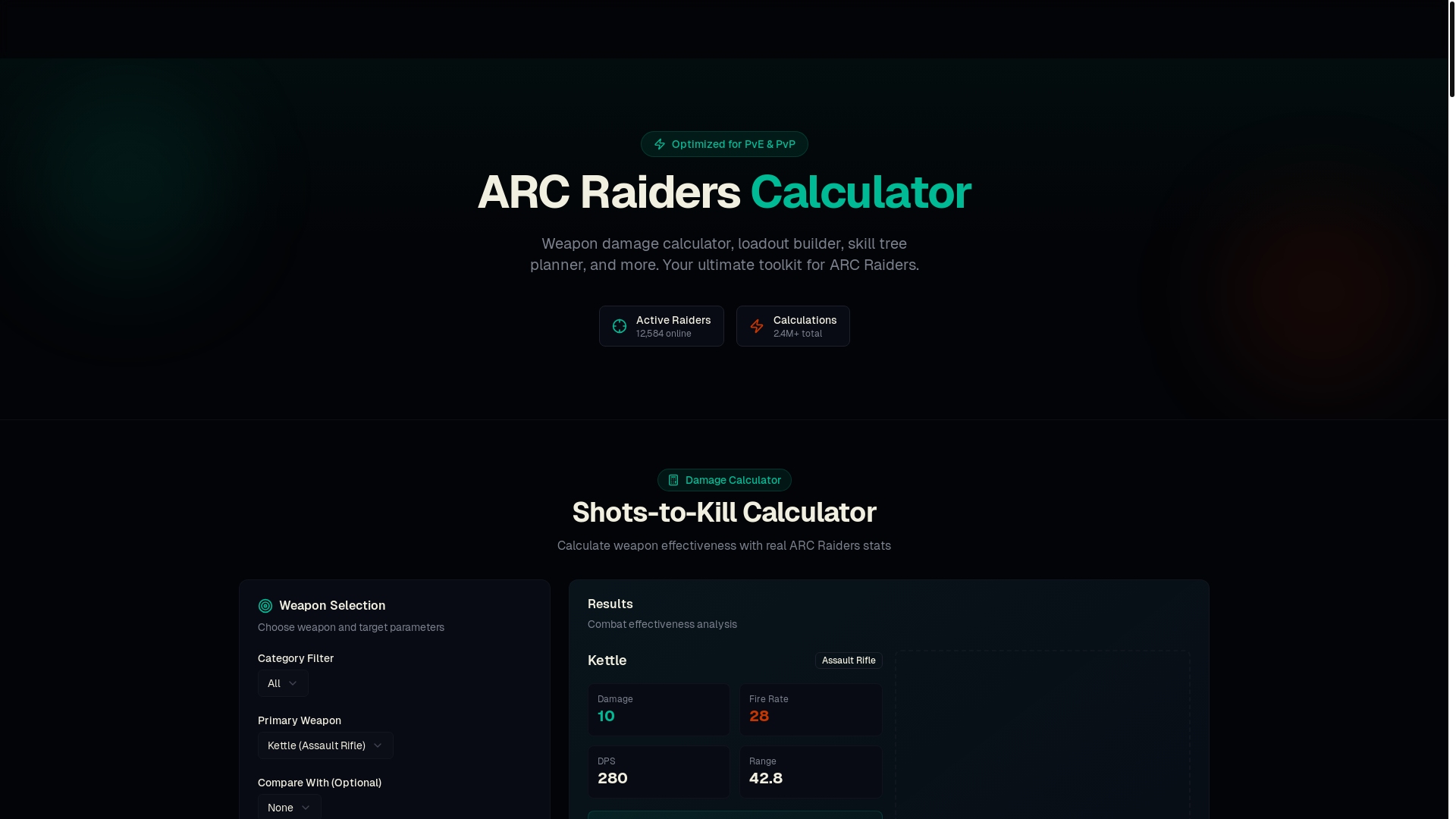 website screenshot of https://arcraiderscalculator.com/