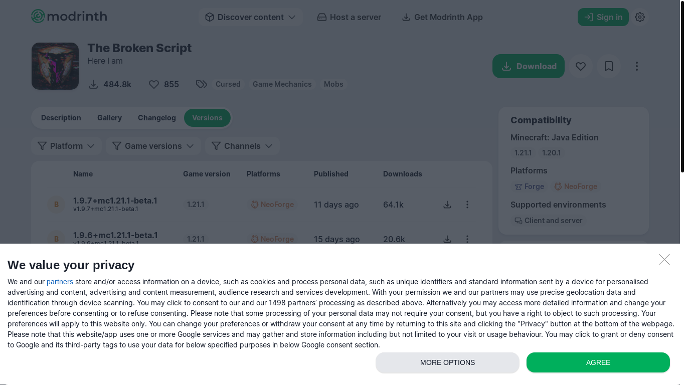 website screenshot of https://modrinth.com/mod/the-broken-script/versions