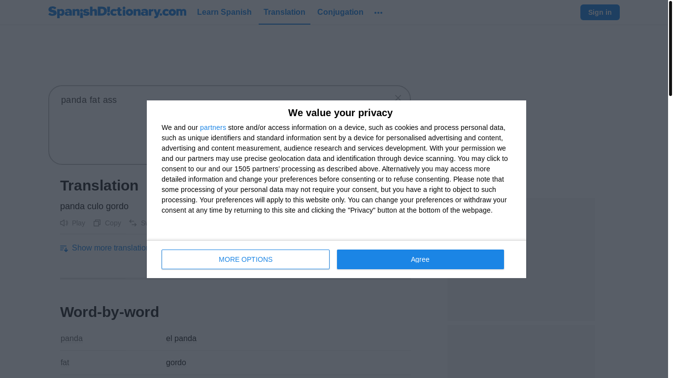 website screenshot of https://www.spanishdict.com/translate/panda%20fat%20ass