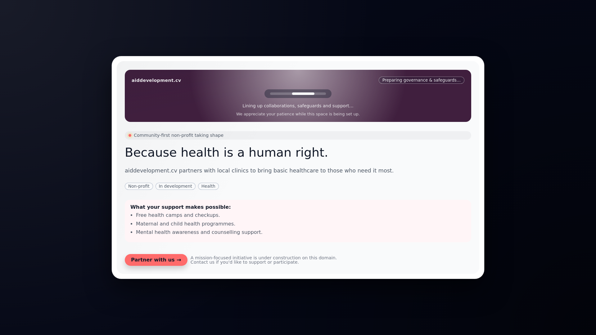 website screenshot of https://aiddevelopment.cv/