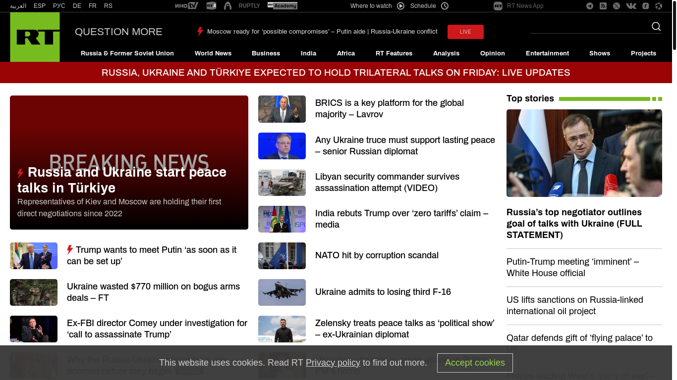 website screenshot of https://www.rt.com