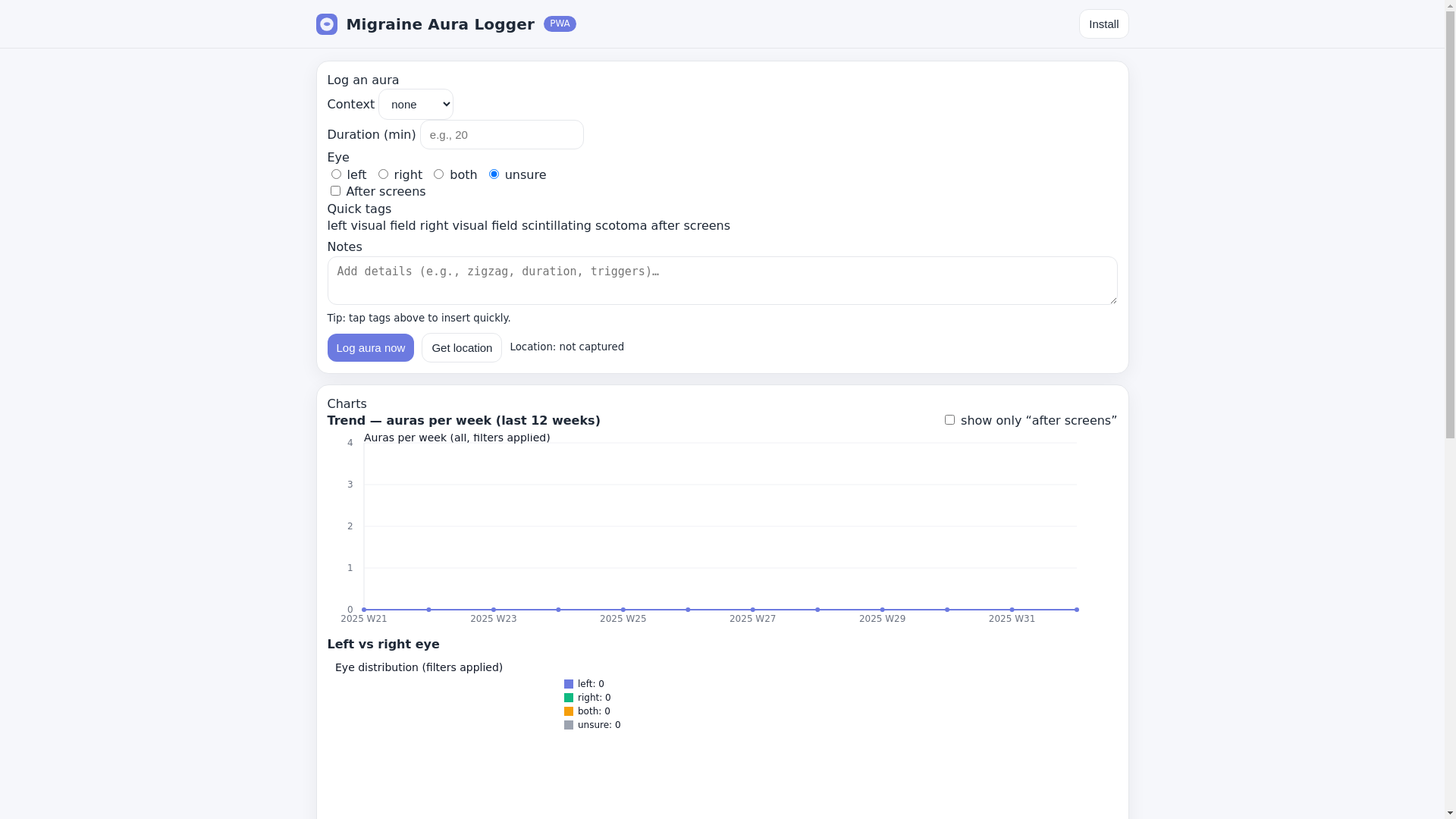 website screenshot of https://migraine-aura-log-2025-2026.pages.dev/