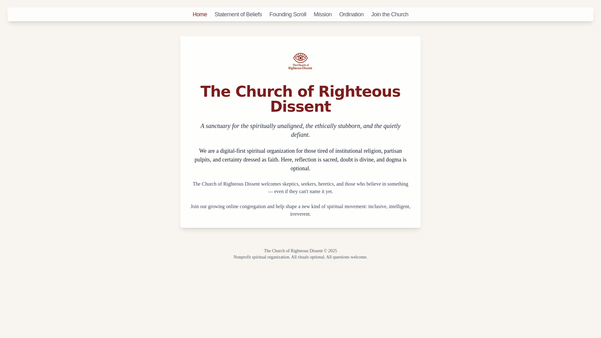 website screenshot of https://righteousdissent.org/
