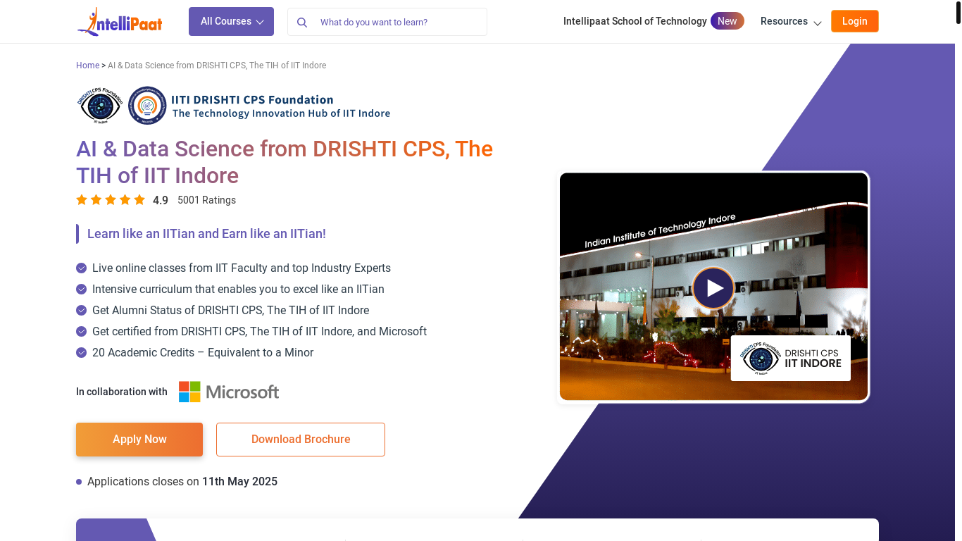 website screenshot of https://intellipaat.com/ai-data-science-drishti-iit-indore/?dev=update12%20All%20changes%20are%20done%20in%20page