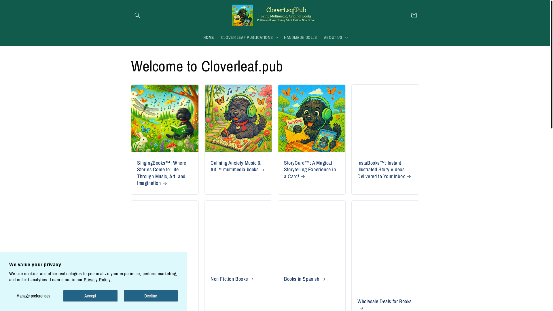 website screenshot of https://cloverleafpublications.shop/